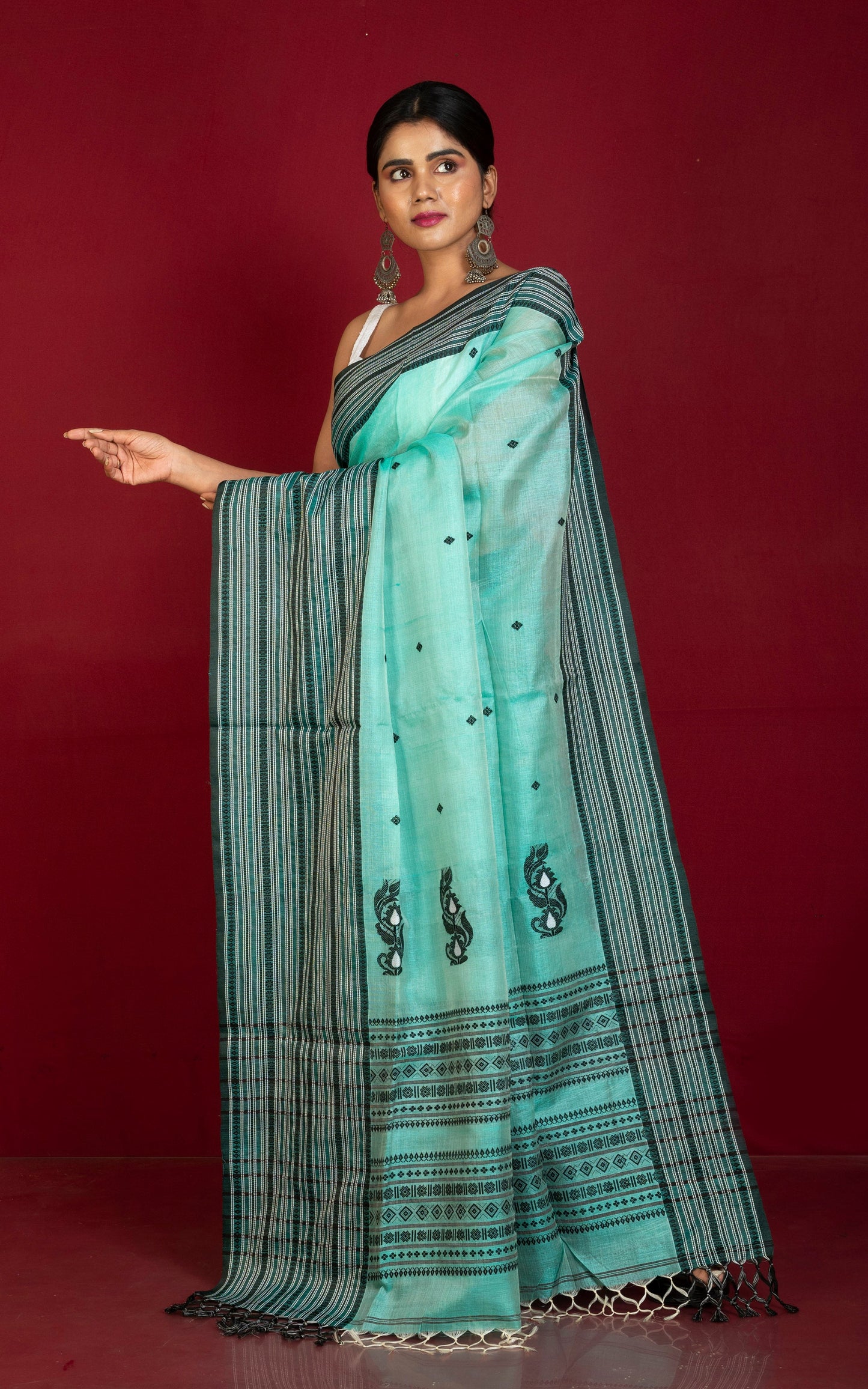 Premium Quality Tussar Silk Mahapar Nakshi Work Saree in Turquoise Green, Black and Off White