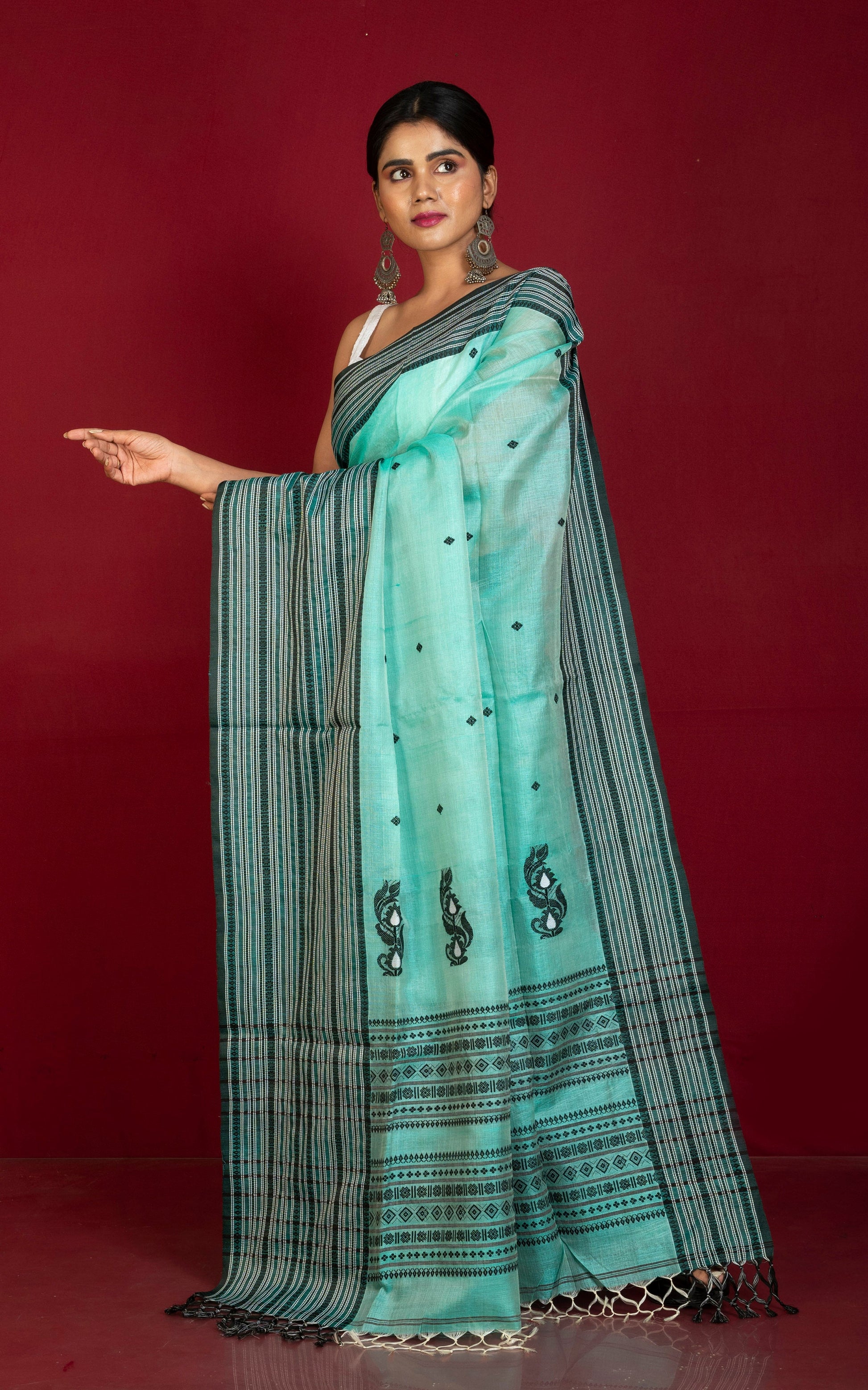 Premium Quality Tussar Silk Mahapar Nakshi Work Saree in Turquoise Green, Black and Off White