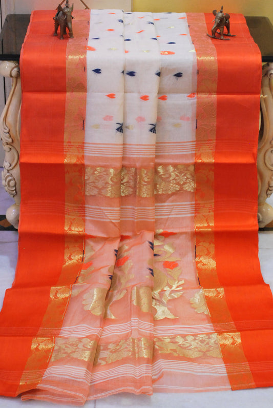 Satin Velvet Border Traditional Bengal Tussar Silk Saree in Pearl White and Orange