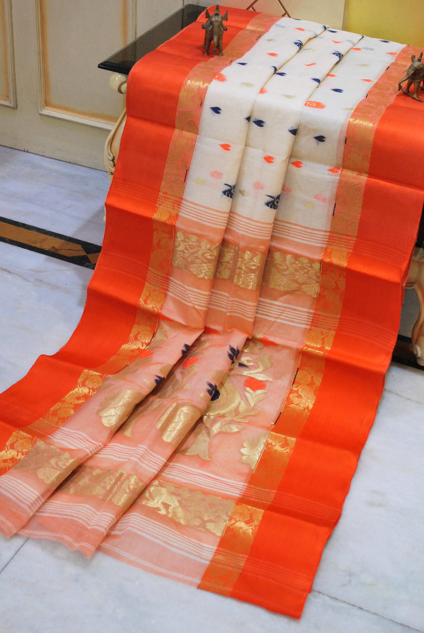 Satin Velvet Border Traditional Bengal Tussar Silk Saree in Pearl White and Orange