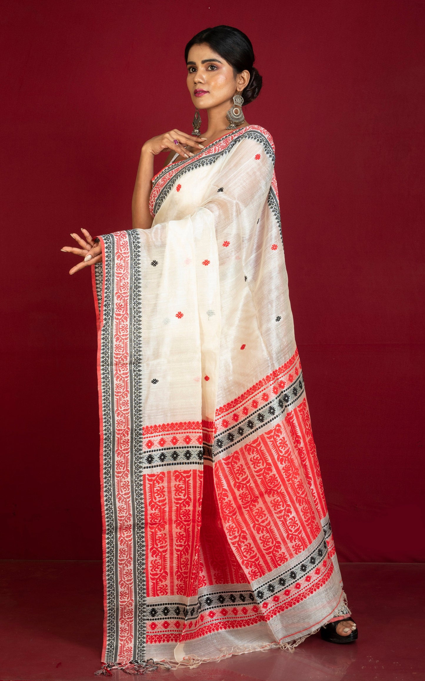 Premium Quality Tussar Silk Bomkai Saree in Off White, Red and Black with Nakshi Woven Thread Work