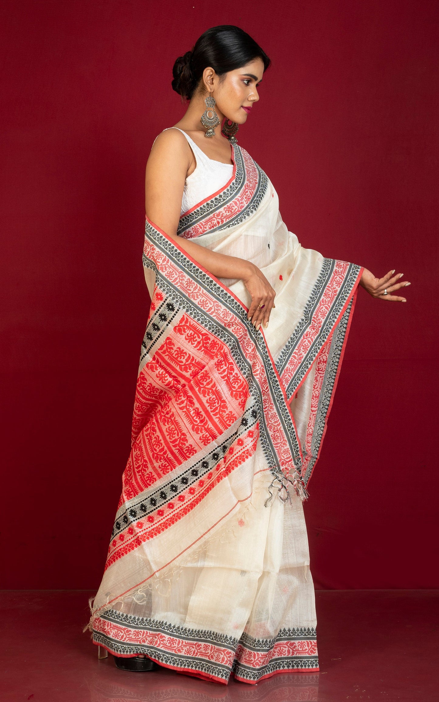 Premium Quality Tussar Silk Bomkai Saree in Off White, Red and Black with Nakshi Woven Thread Work