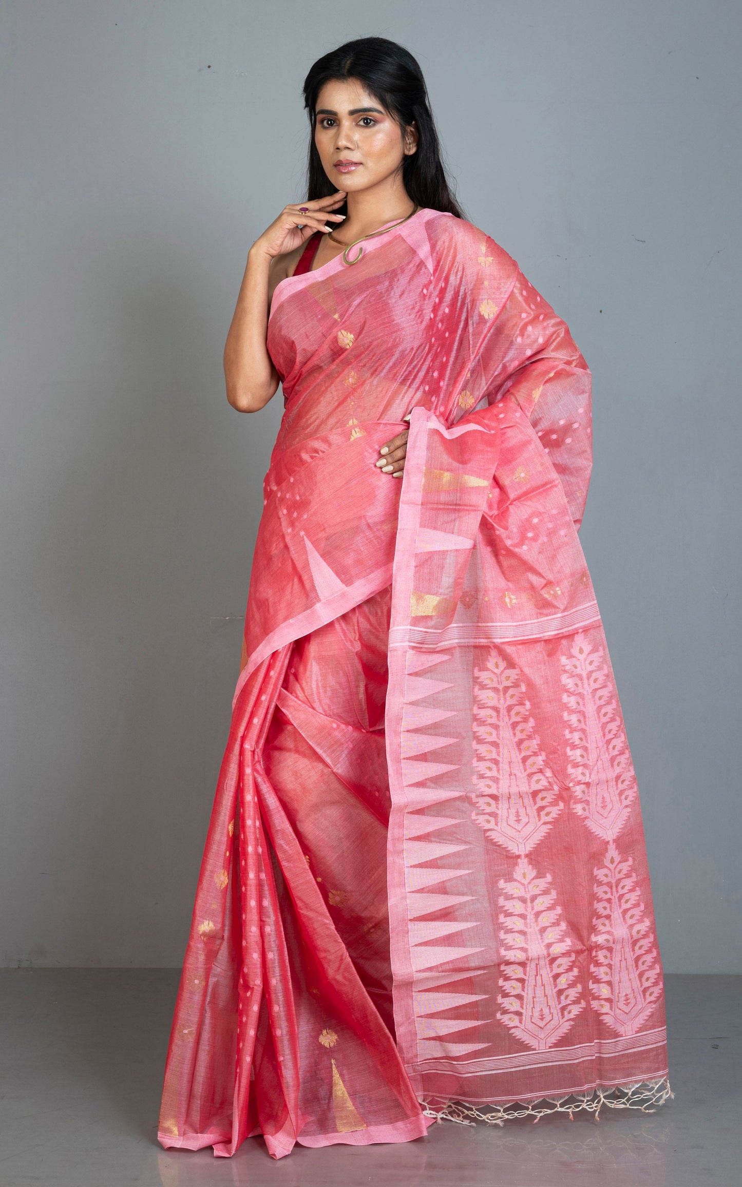 Handloom Tussar Silk Jamdani Saree in Raspberry Red, Off White and Gold