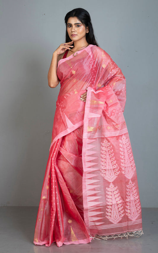 Handloom Tussar Silk Jamdani Saree in Raspberry Red, Off White and Gold