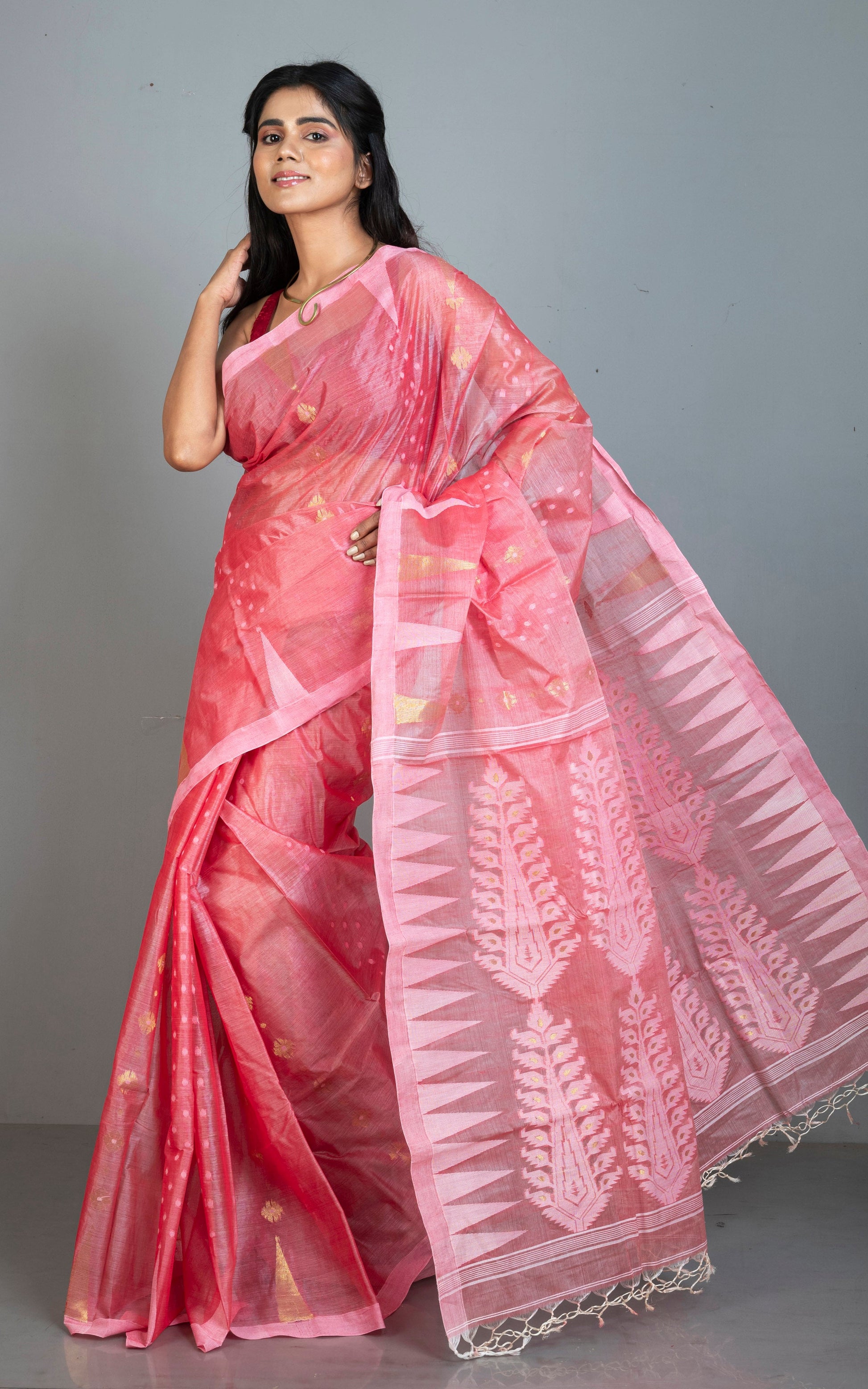 Handloom Tussar Silk Jamdani Saree in Raspberry Red, Off White and Gold