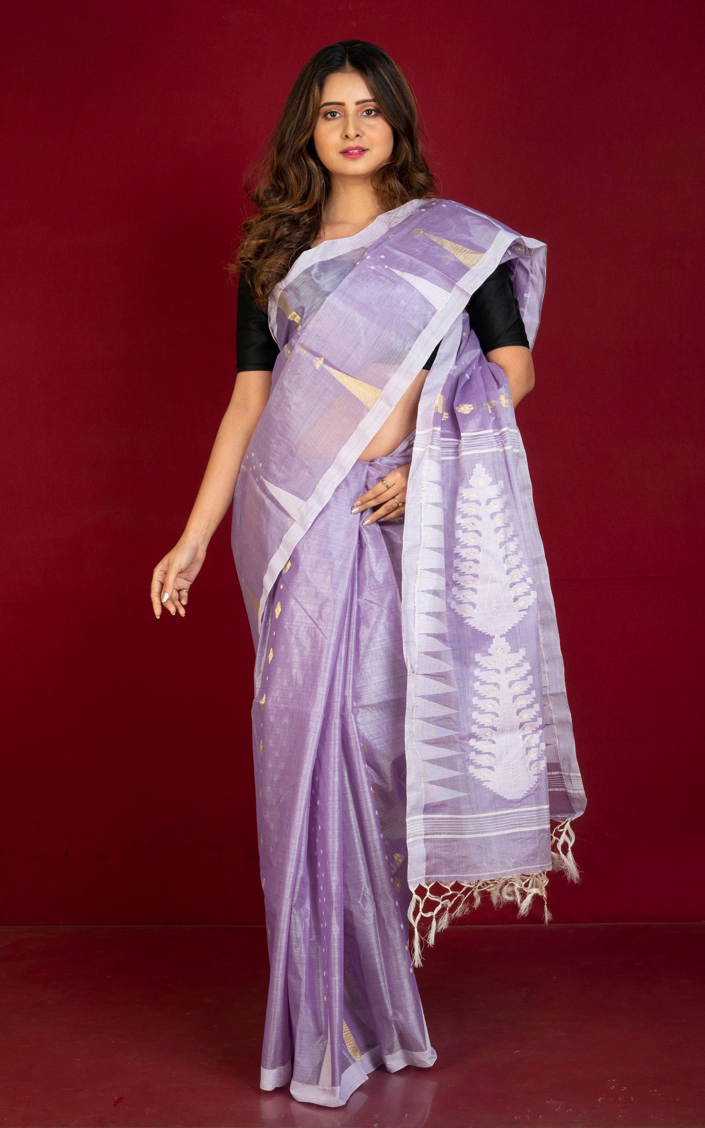 Handloom Tussar Silk Jamdani Saree in Lavender, Off White and Gold