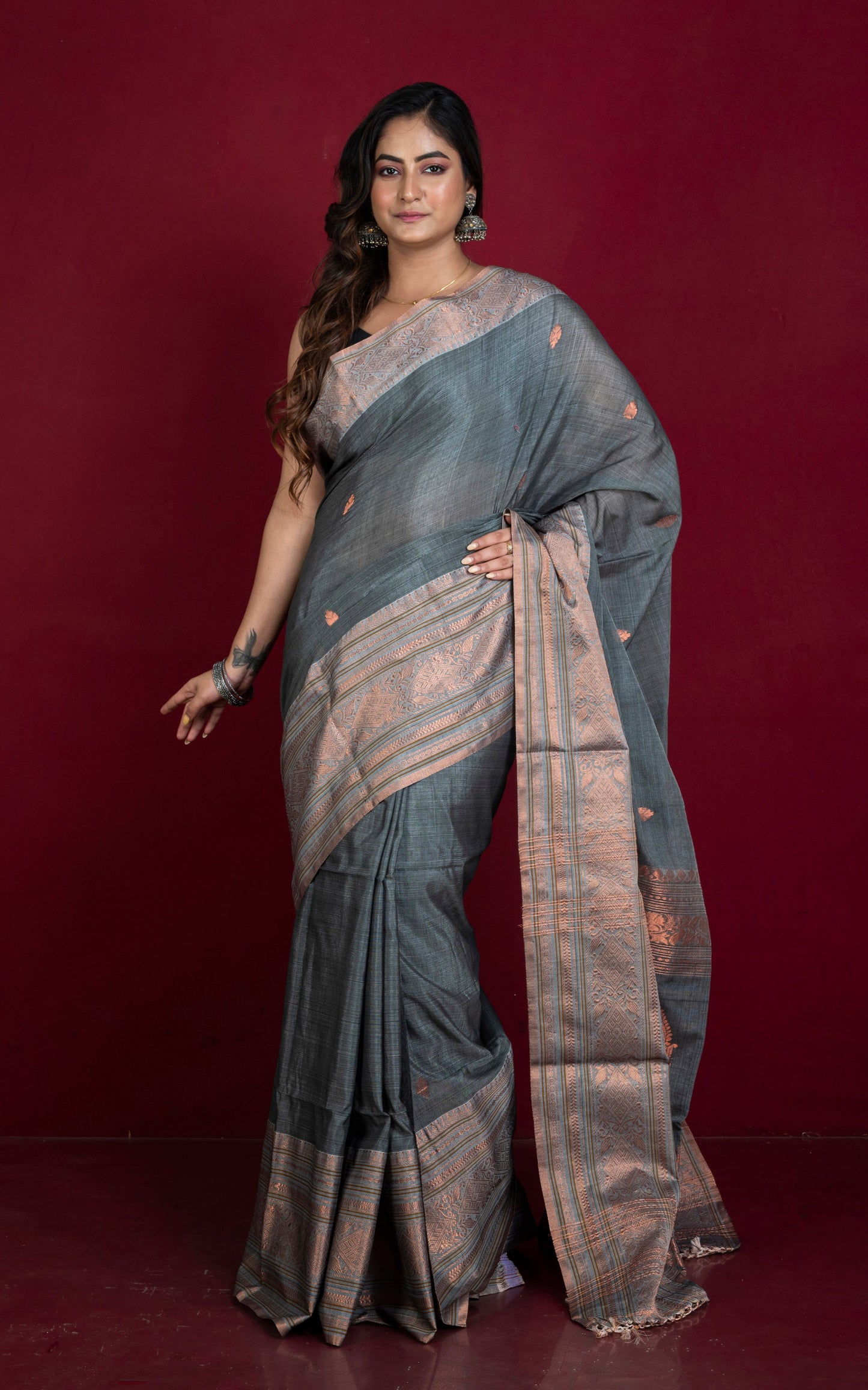 Tussar Cotton Silk Banarasi Katan Saree in Metallic Grey and Copper