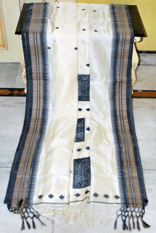 Premium Quality Tussar Silk Bomkai Nakshi Work Saree in Off White, Black and Beige