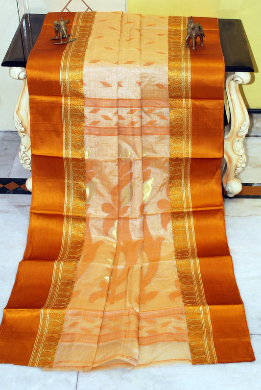 Satin Velvet Border Traditional Bengal Tussar Silk Saree in Beige and Mustard Golden