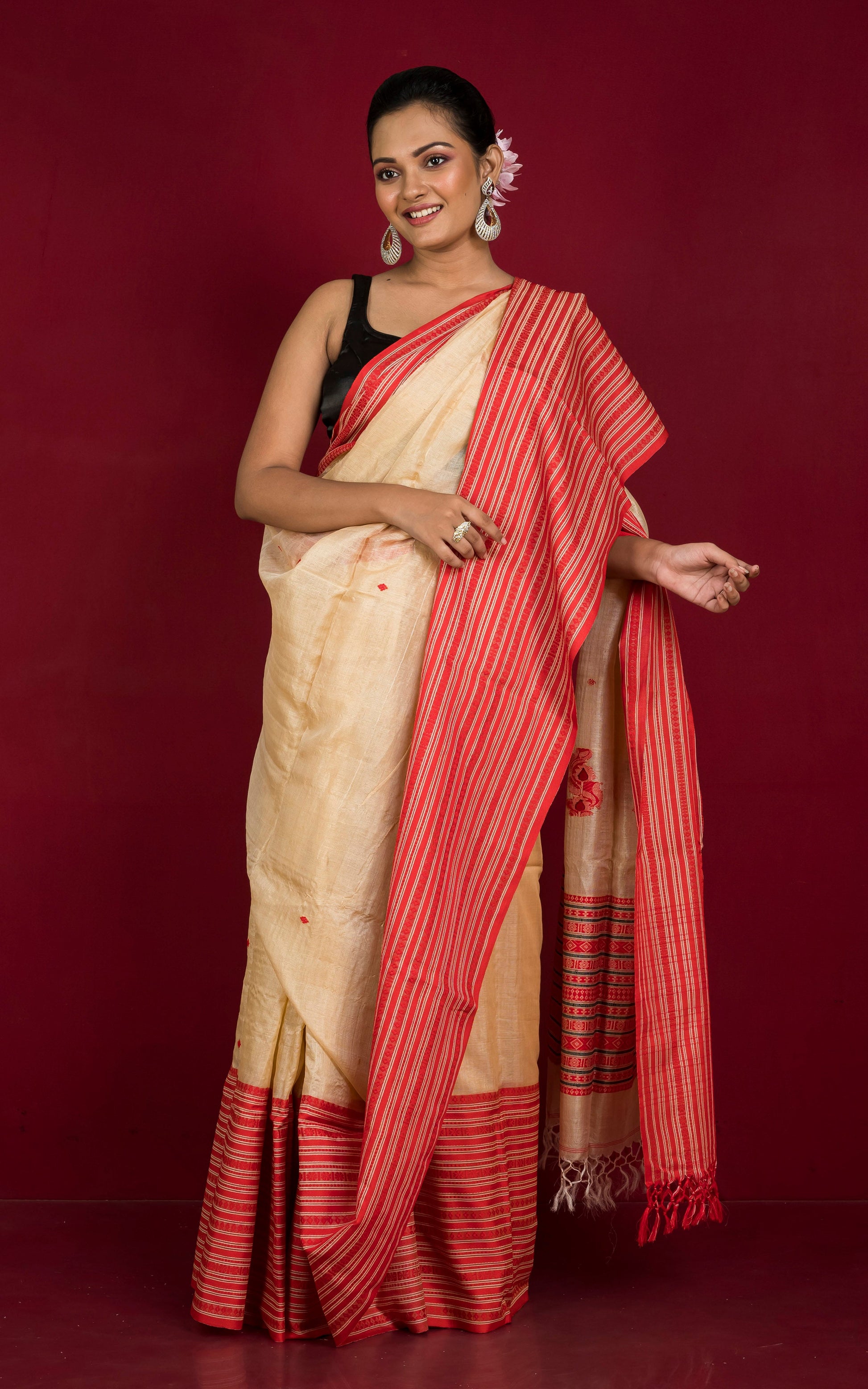 Premium Quality Tussar Silk Mahapar Nakshi Work Saree in Beige, Red and Black