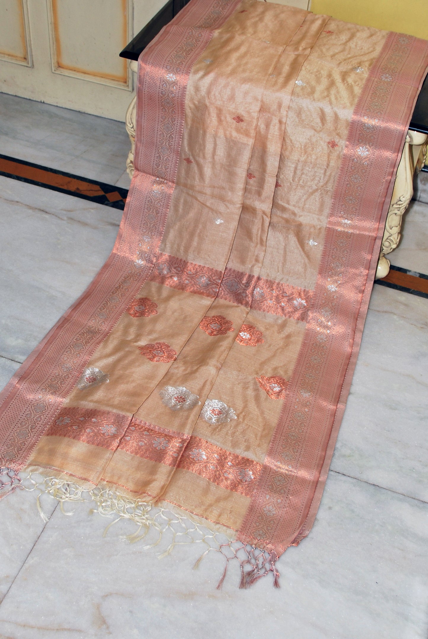 Premium Quality Tussar Silk Bomkai Saree in Biscotti with Copper and Silver Zari Nakshi Work