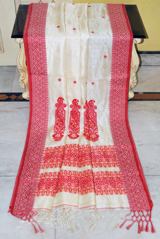 Premium Quality Tussar Silk Bomkai Nakshi Work Saree in Off White, Red and Beige