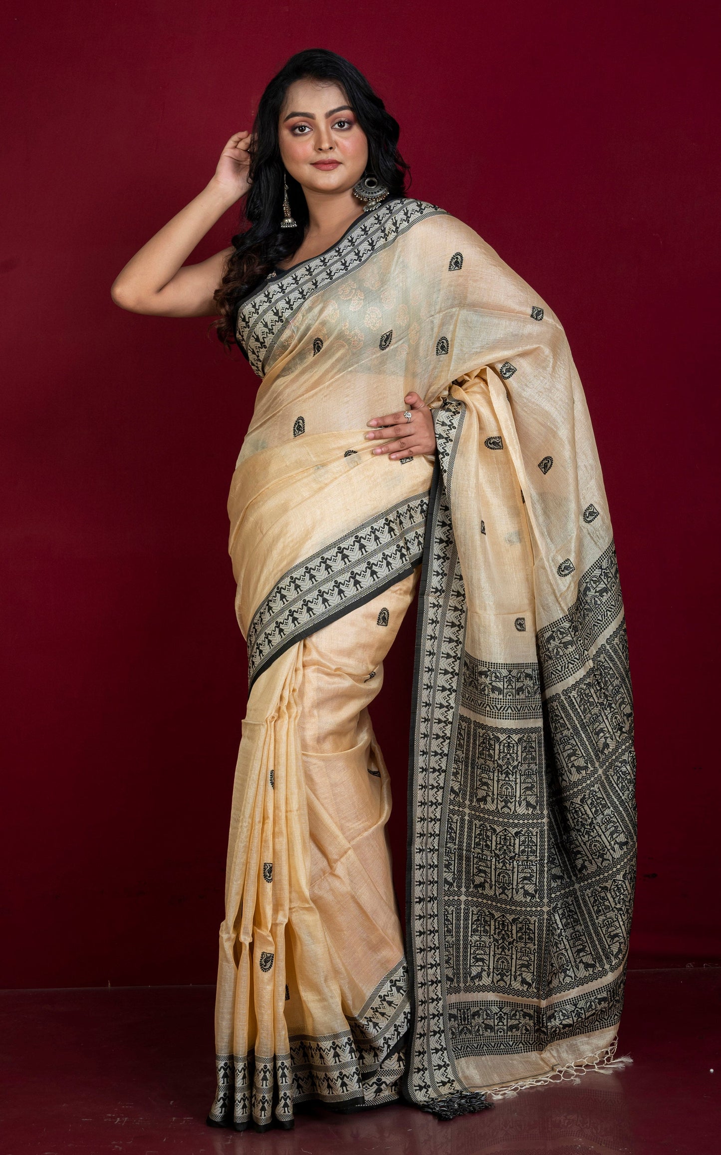 Premium Quality Tussar Silk Woven Warli Nakshi Work Saree in Beige and Black