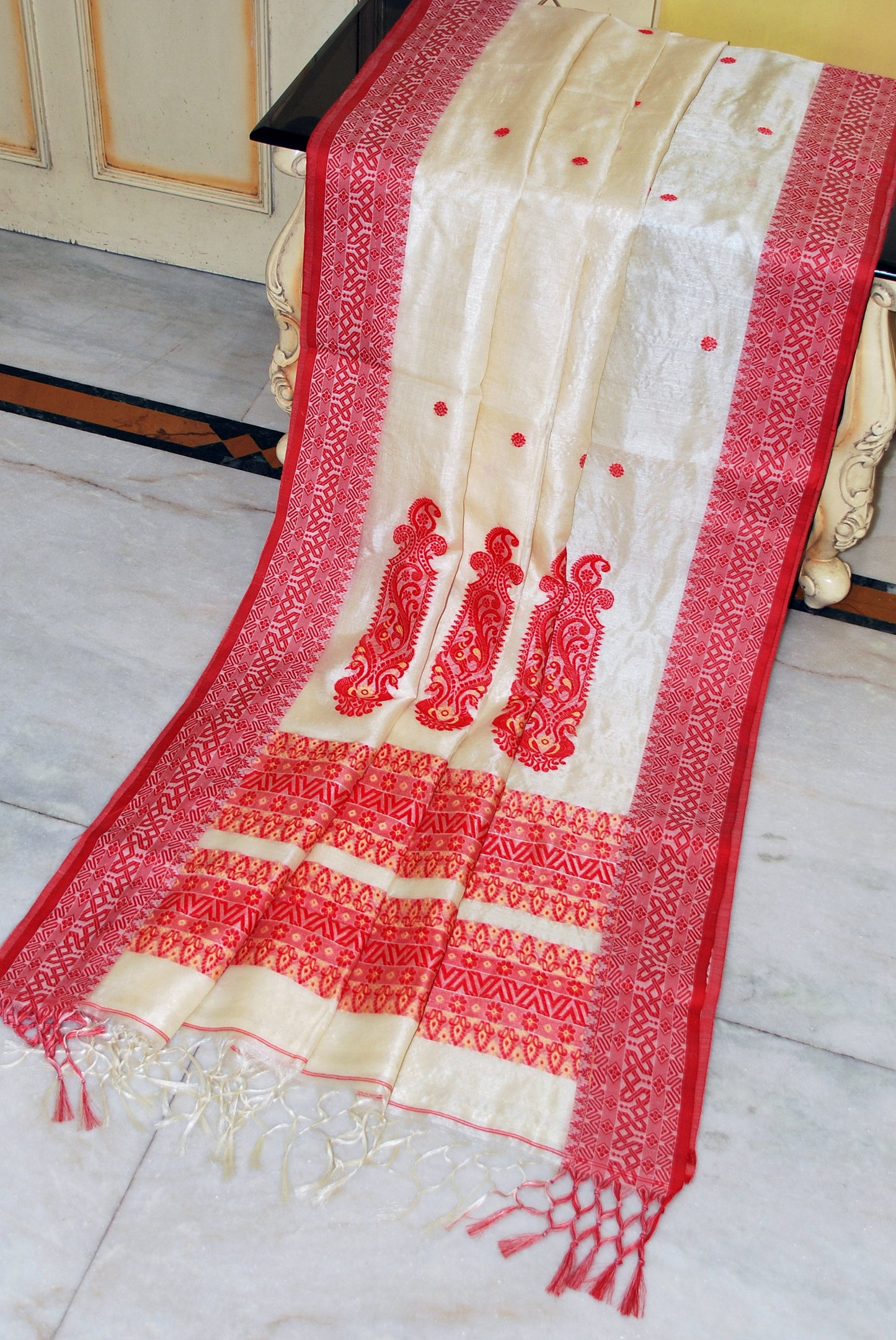 Premium Quality Tussar Silk Bomkai Nakshi Work Saree in Off White, Red and Beige