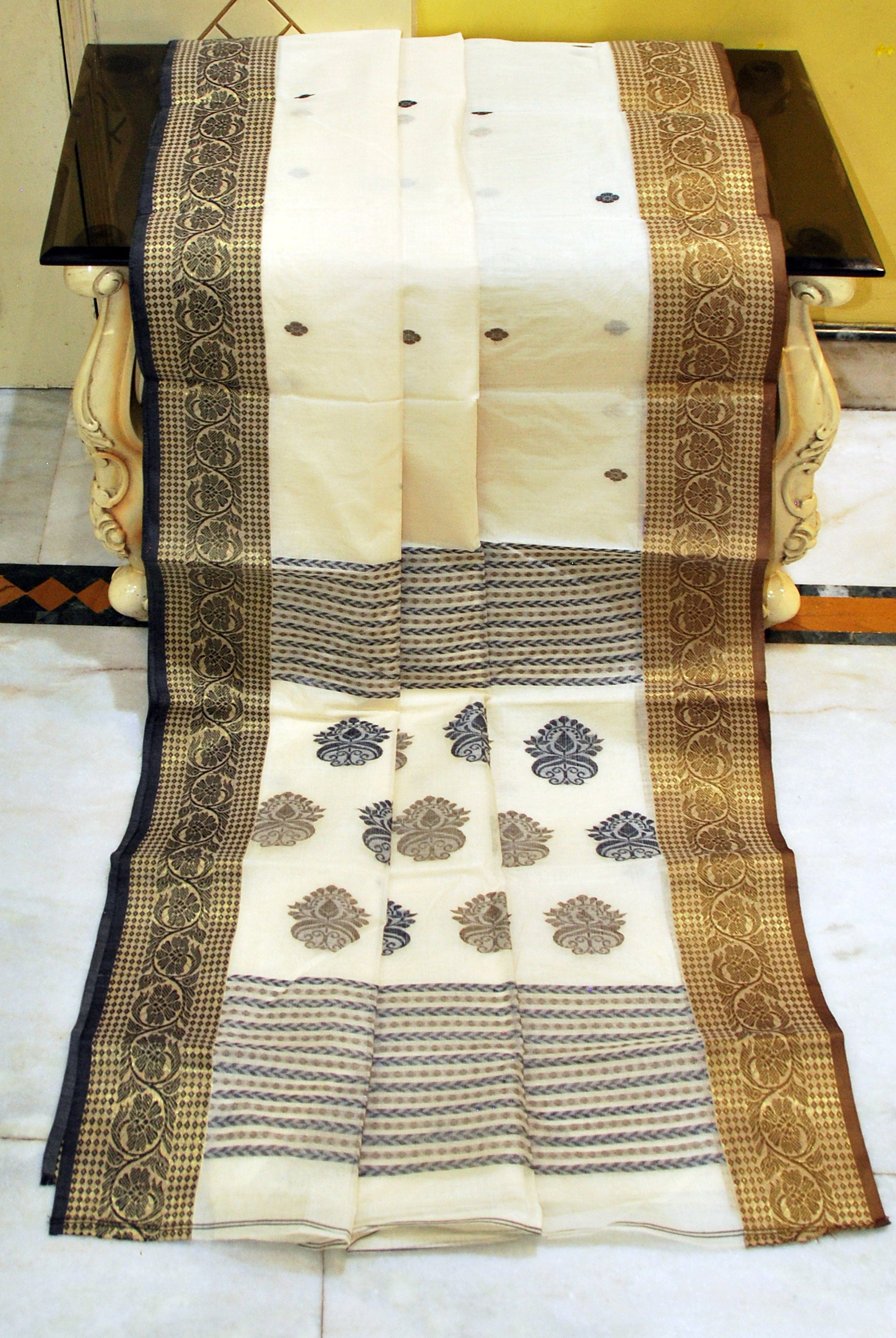 Traditional Bengal Tussar Banarasi Silk Saree in Off White, Black and Snuff Brown