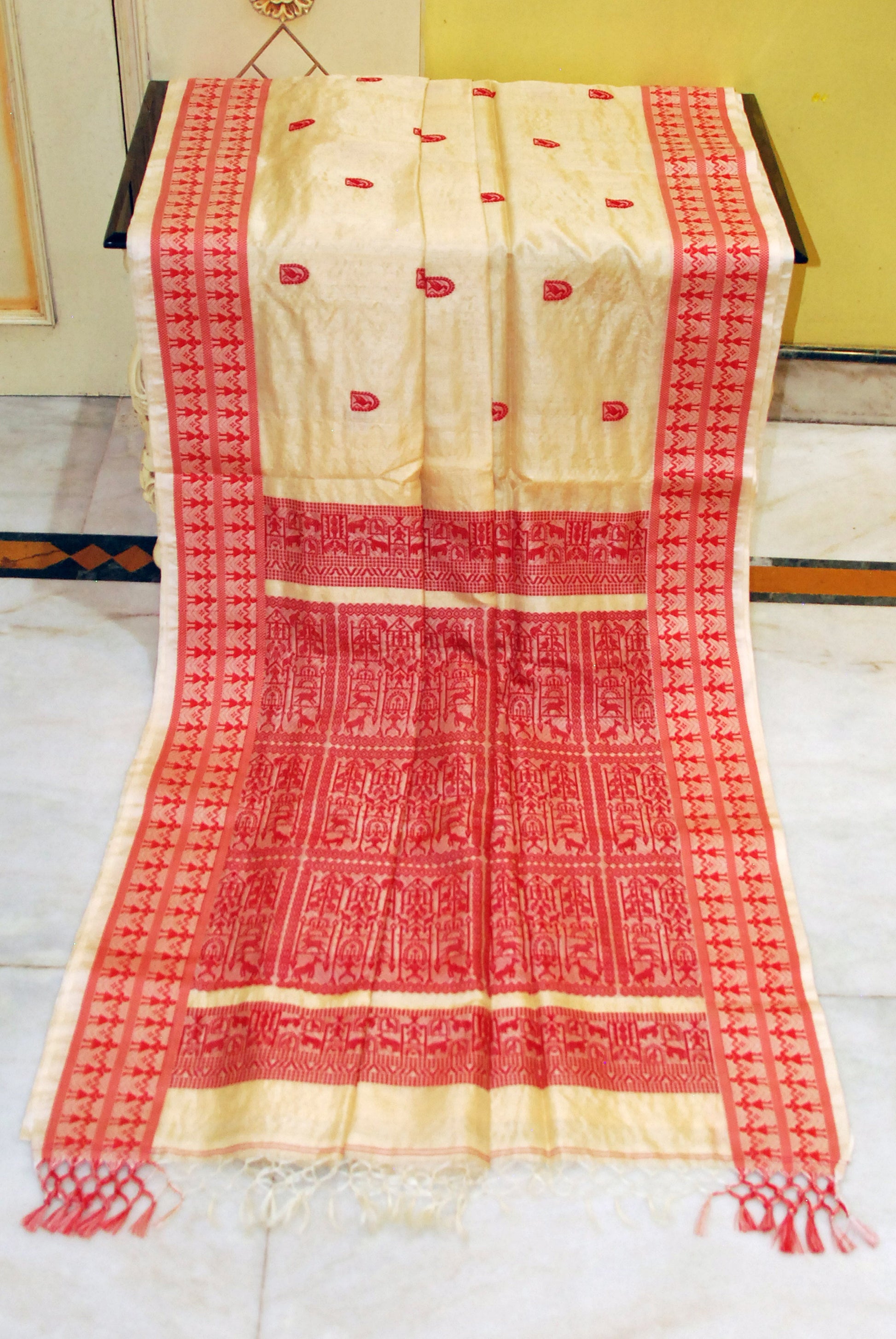 Premium Quality Tussar Silk Woven Warli Nakshi Work Saree in Beige and Red