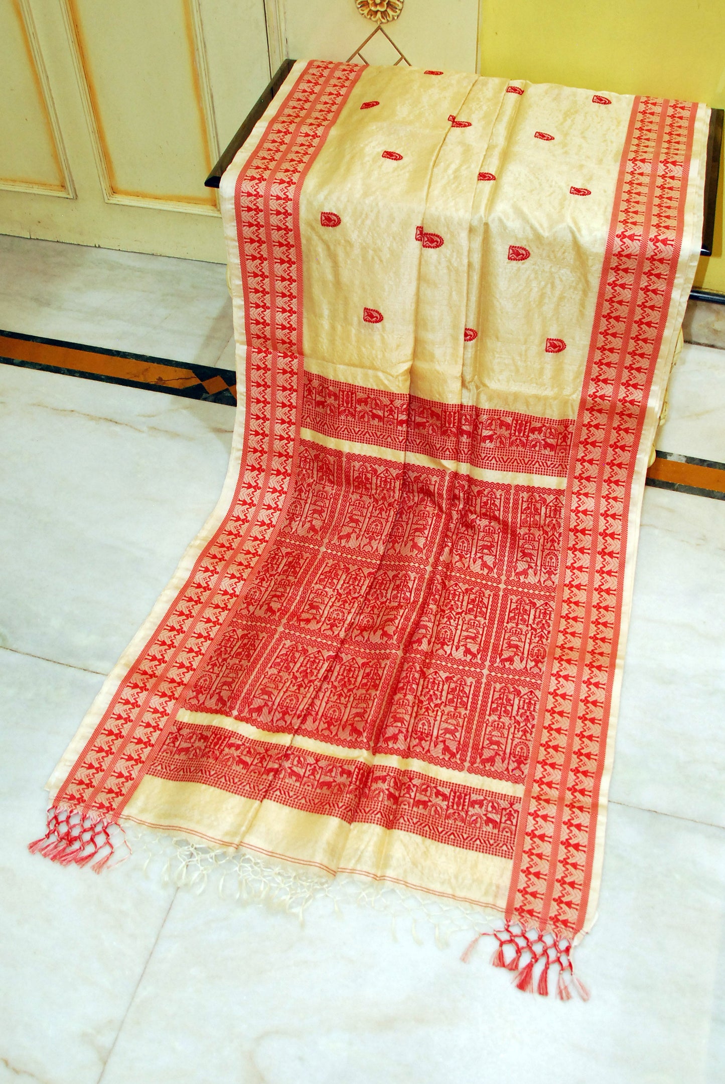 Premium Quality Tussar Silk Woven Warli Nakshi Work Saree in Beige and Red