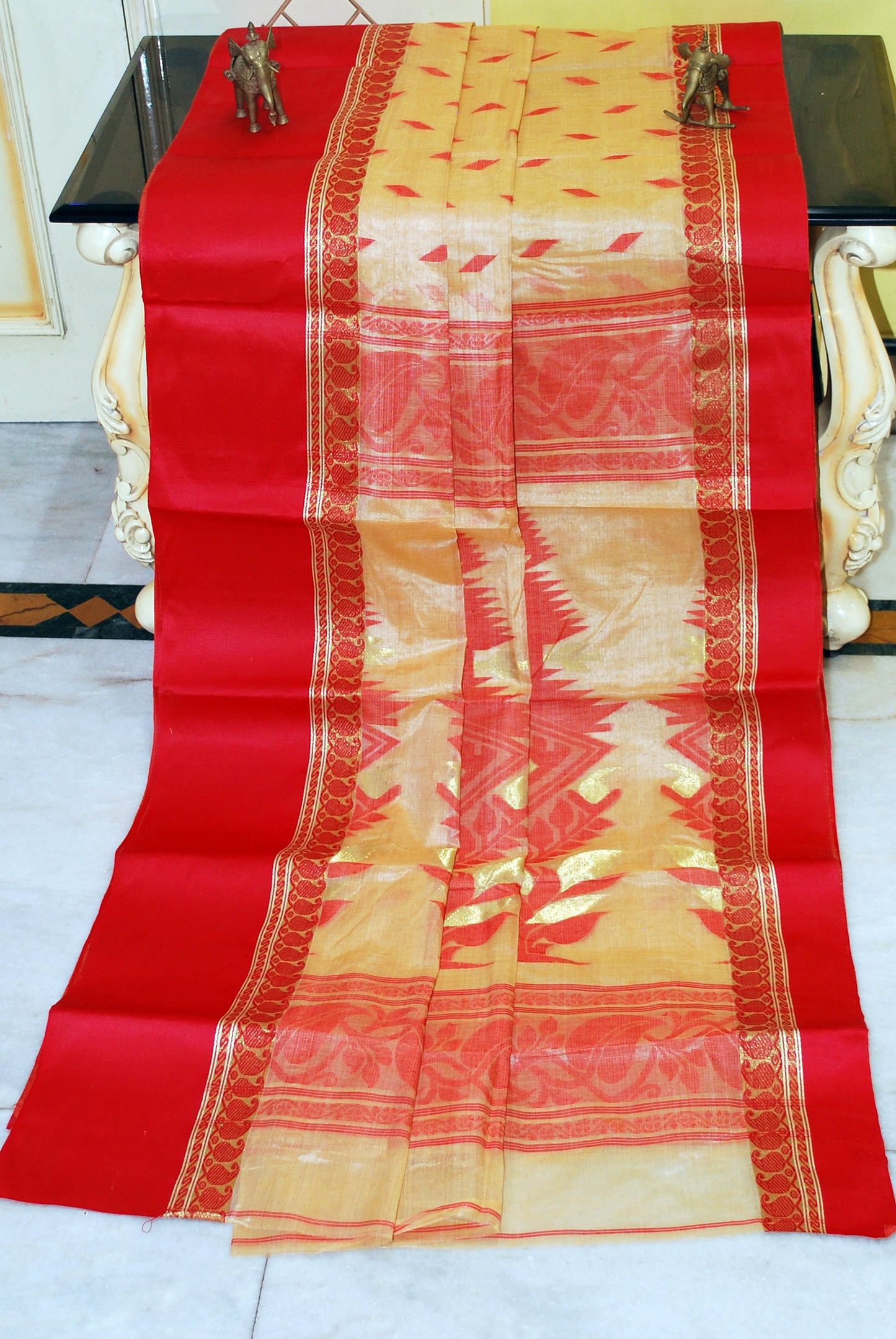 Satin Velvet Border Traditional Bengal Tussar Silk Saree in Beige and Bright Red