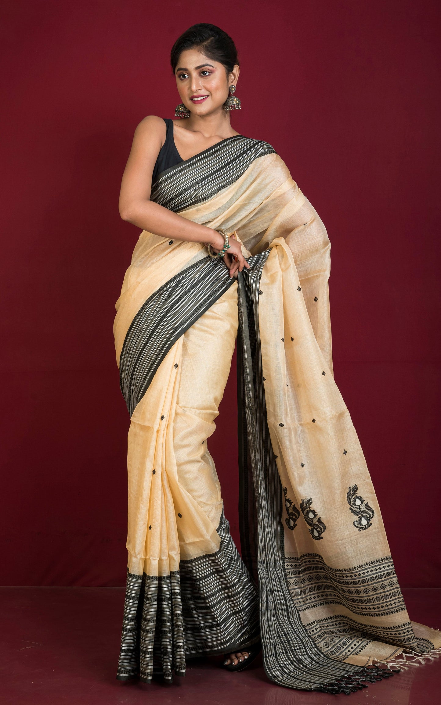 Premium Quality Tussar Silk Mahapar Nakshi Work Saree in Beige, Black and Off White