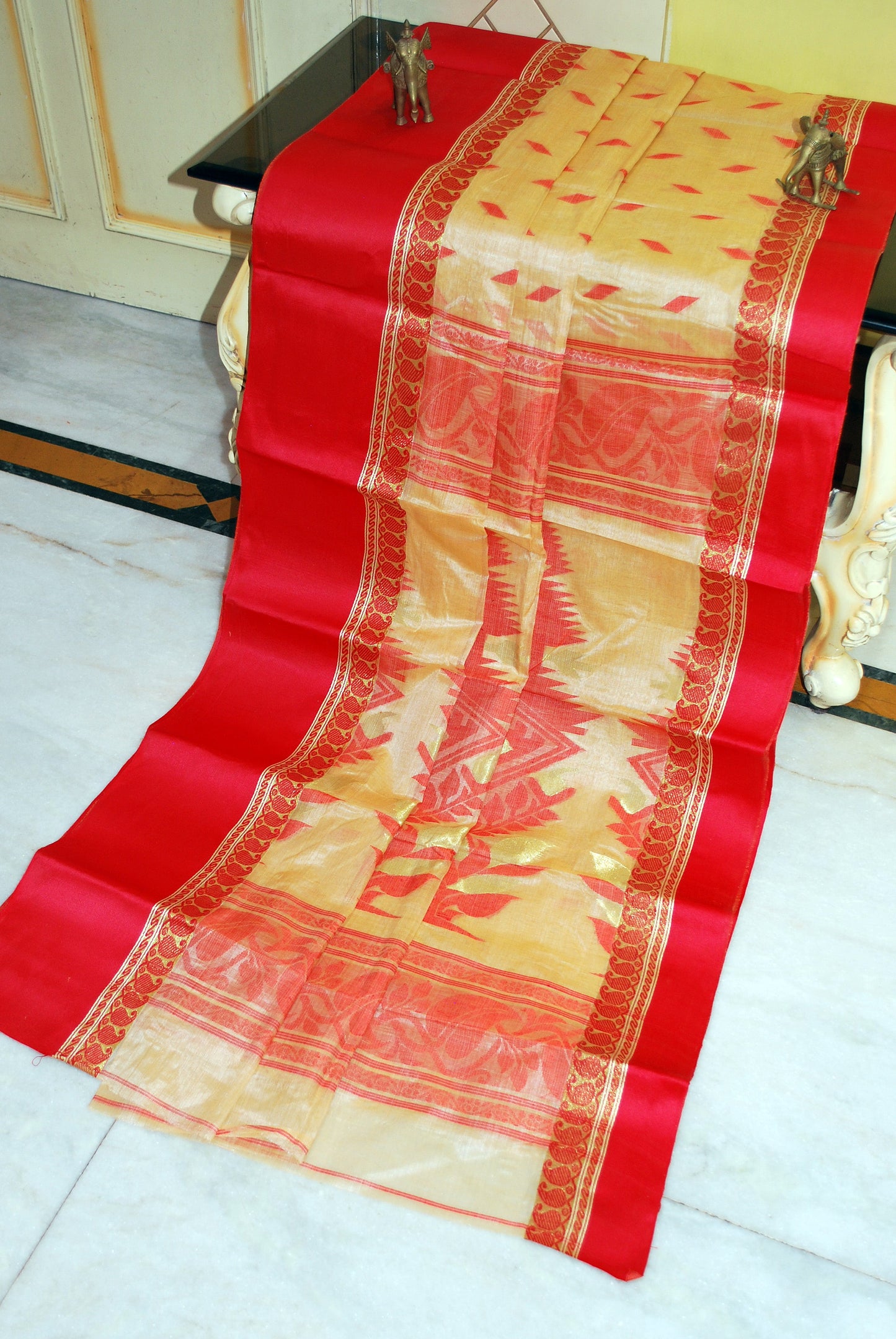 Satin Velvet Border Traditional Bengal Tussar Silk Saree in Beige and Bright Red