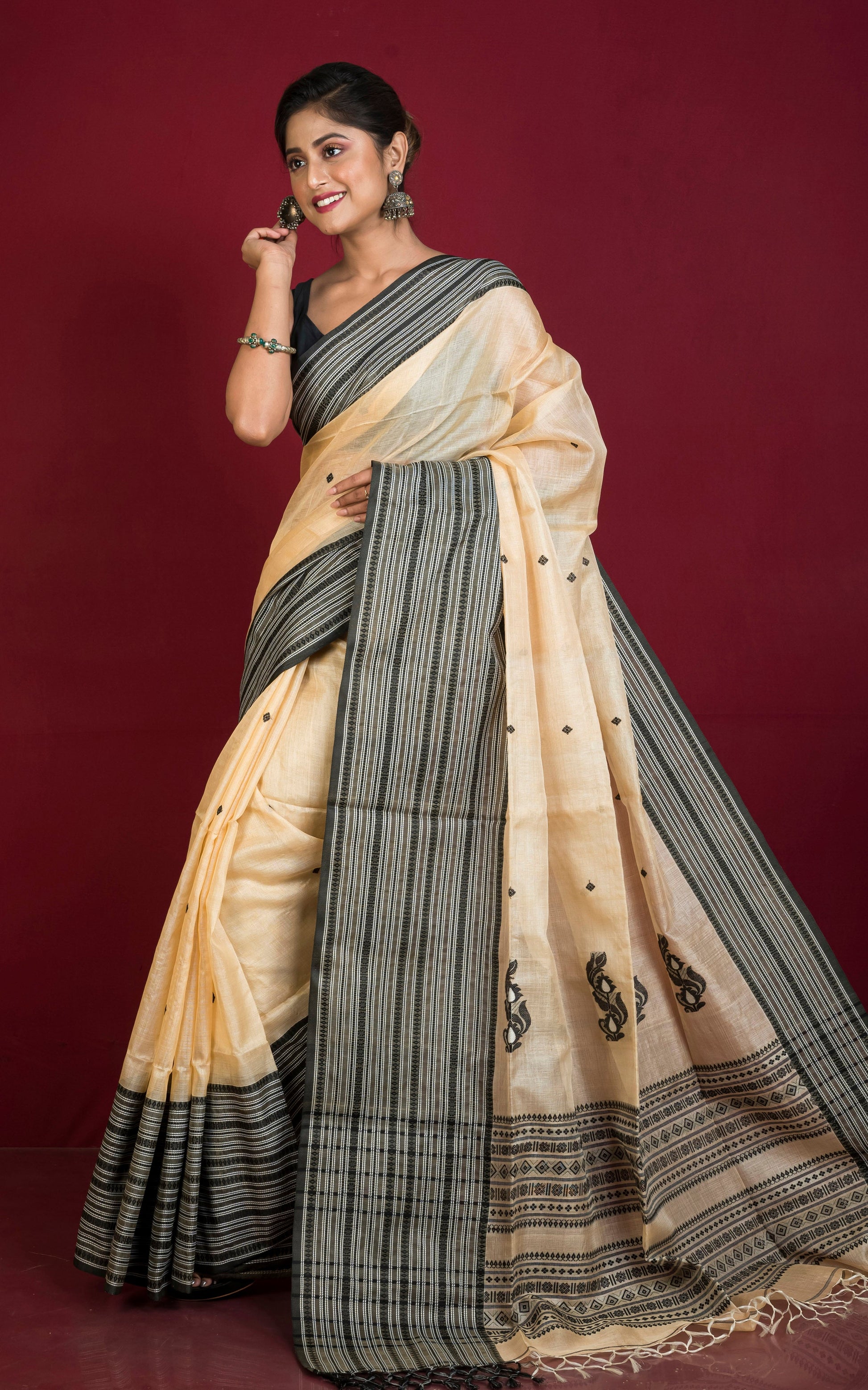 Premium Quality Tussar Silk Mahapar Nakshi Work Saree in Beige, Black and Off White