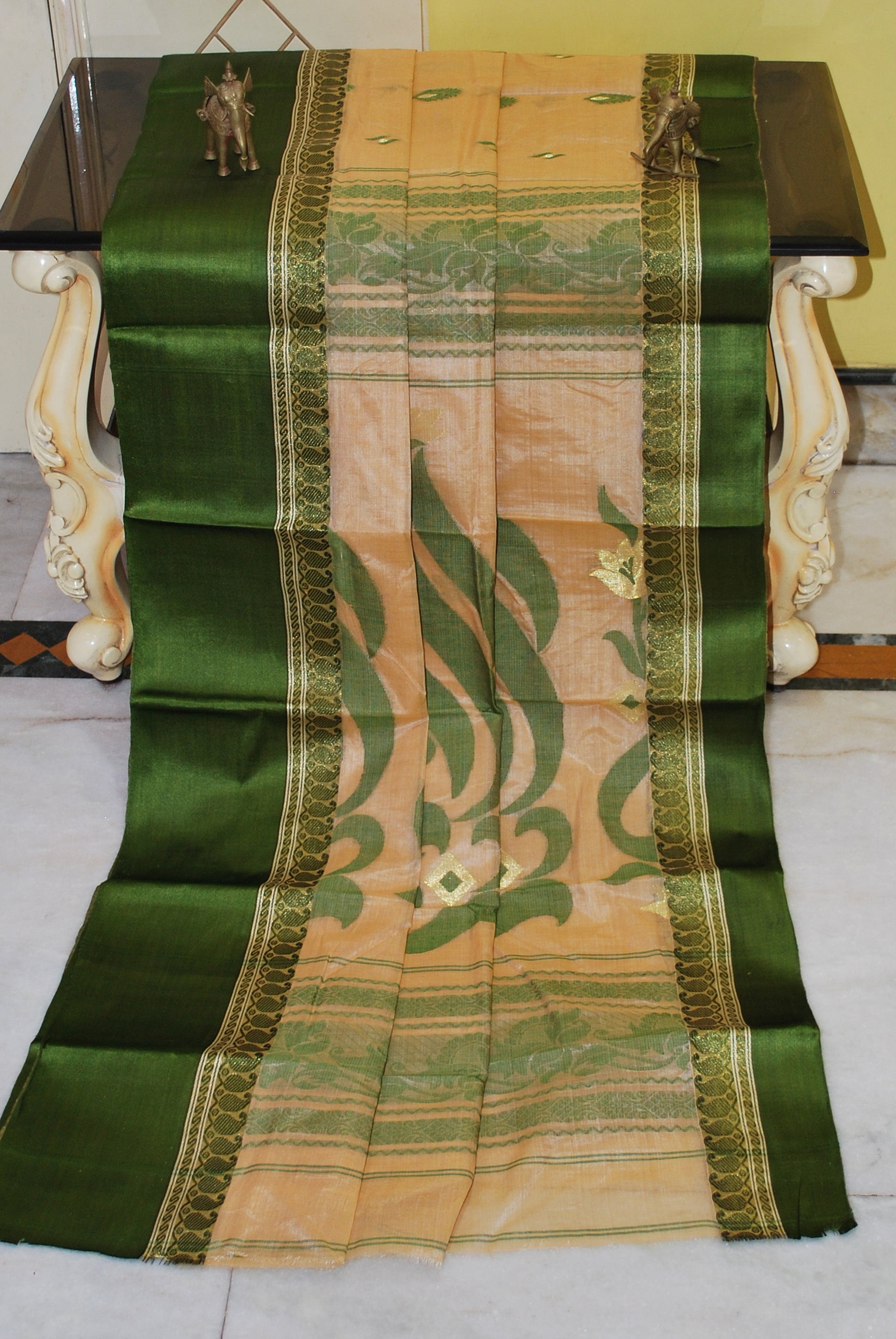 Satin Velvet Border Traditional Bengal Tussar Silk Saree in Beige and Juniper Green