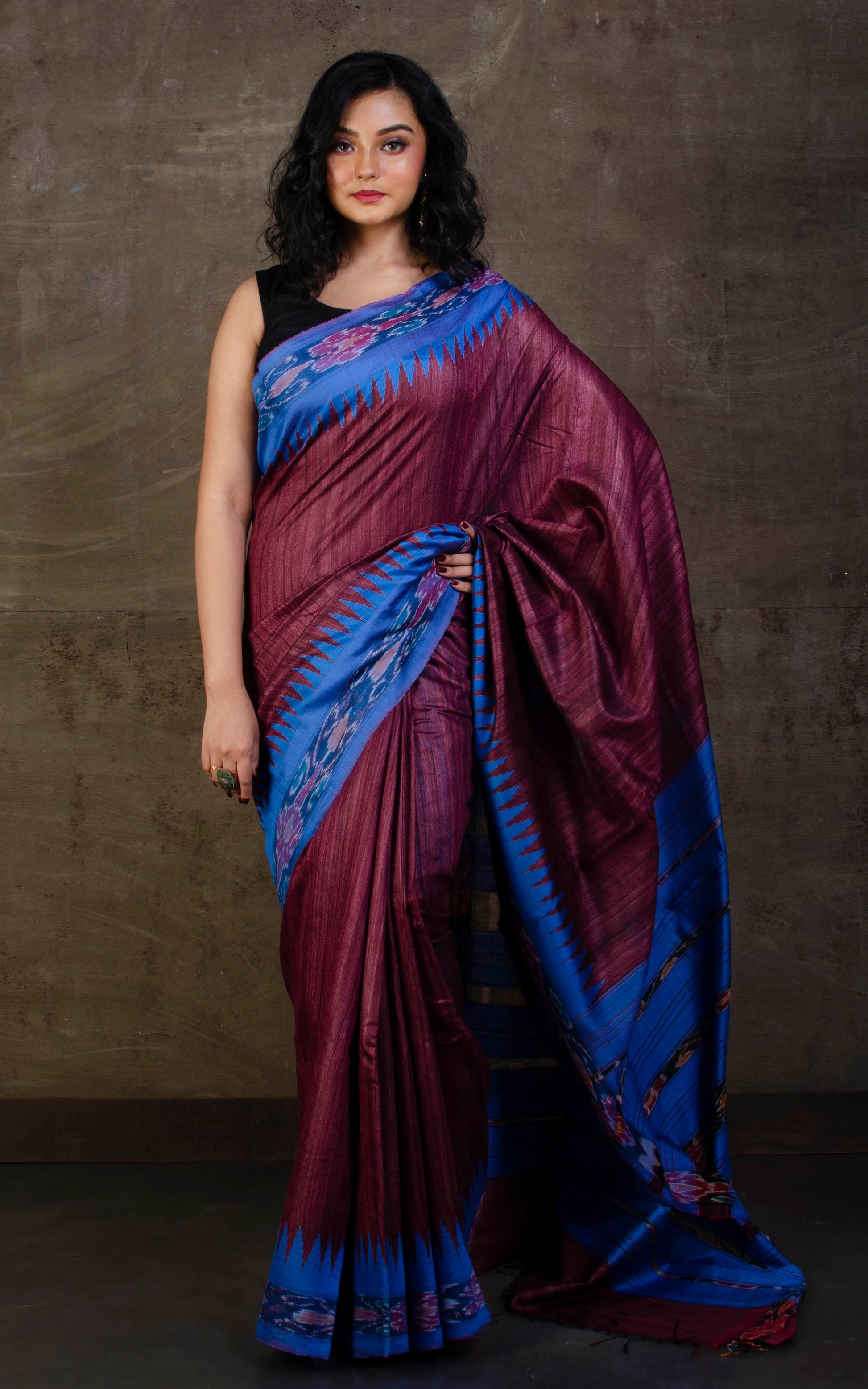 Tussar Sambalpuri Work Kotki Silk Saree in Grape and Blue