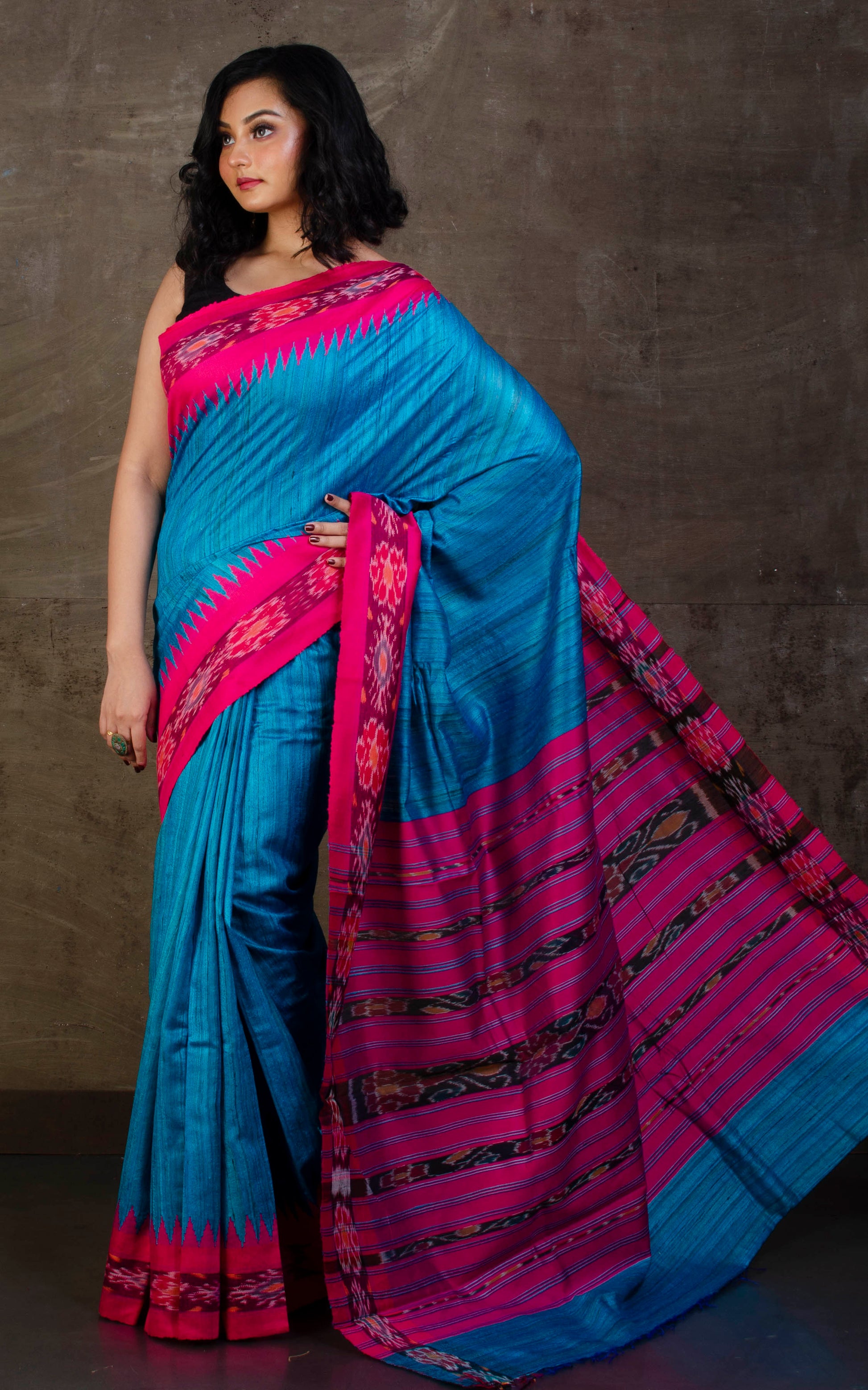 Tussar Sambalpuri Work Kotki Silk Saree in Egyptian Blue and Hot Pink
