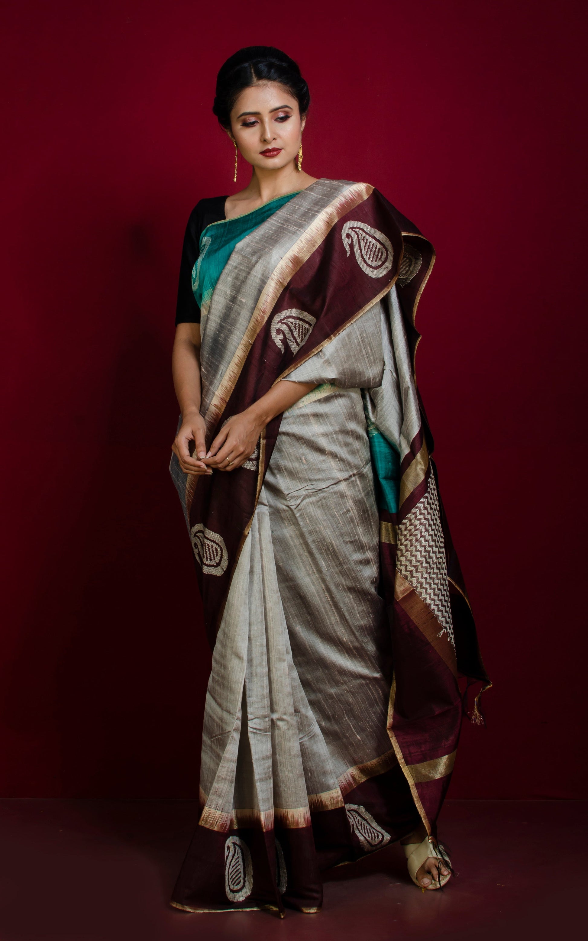 Handwoven Tussar Raw Silk Saree in Cloud Gray, Dark Brown and Medium Teal