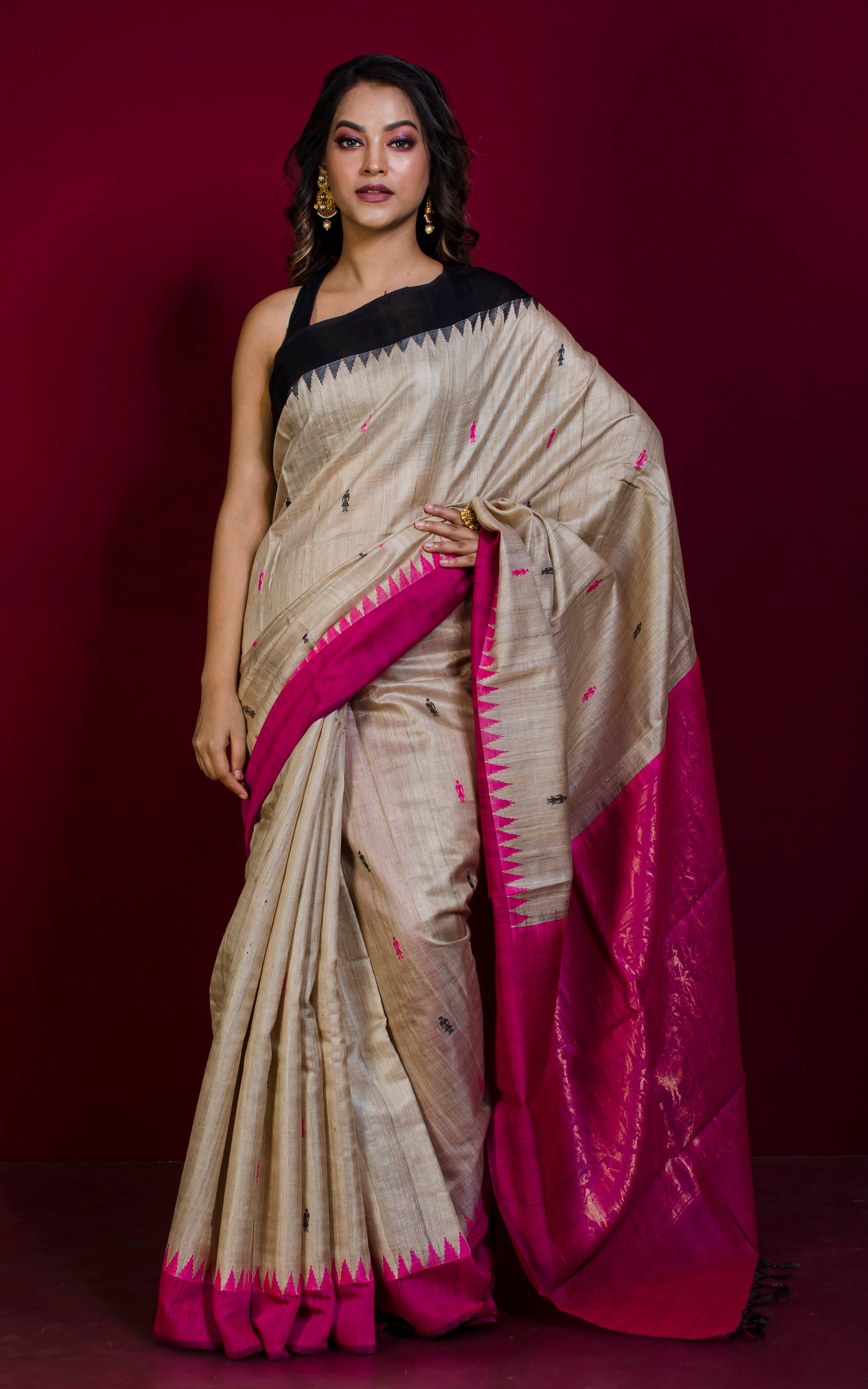 Handwoven Tribal Warli Folk Work Tussar Silk Saree in Beige, Black and Hot Pink