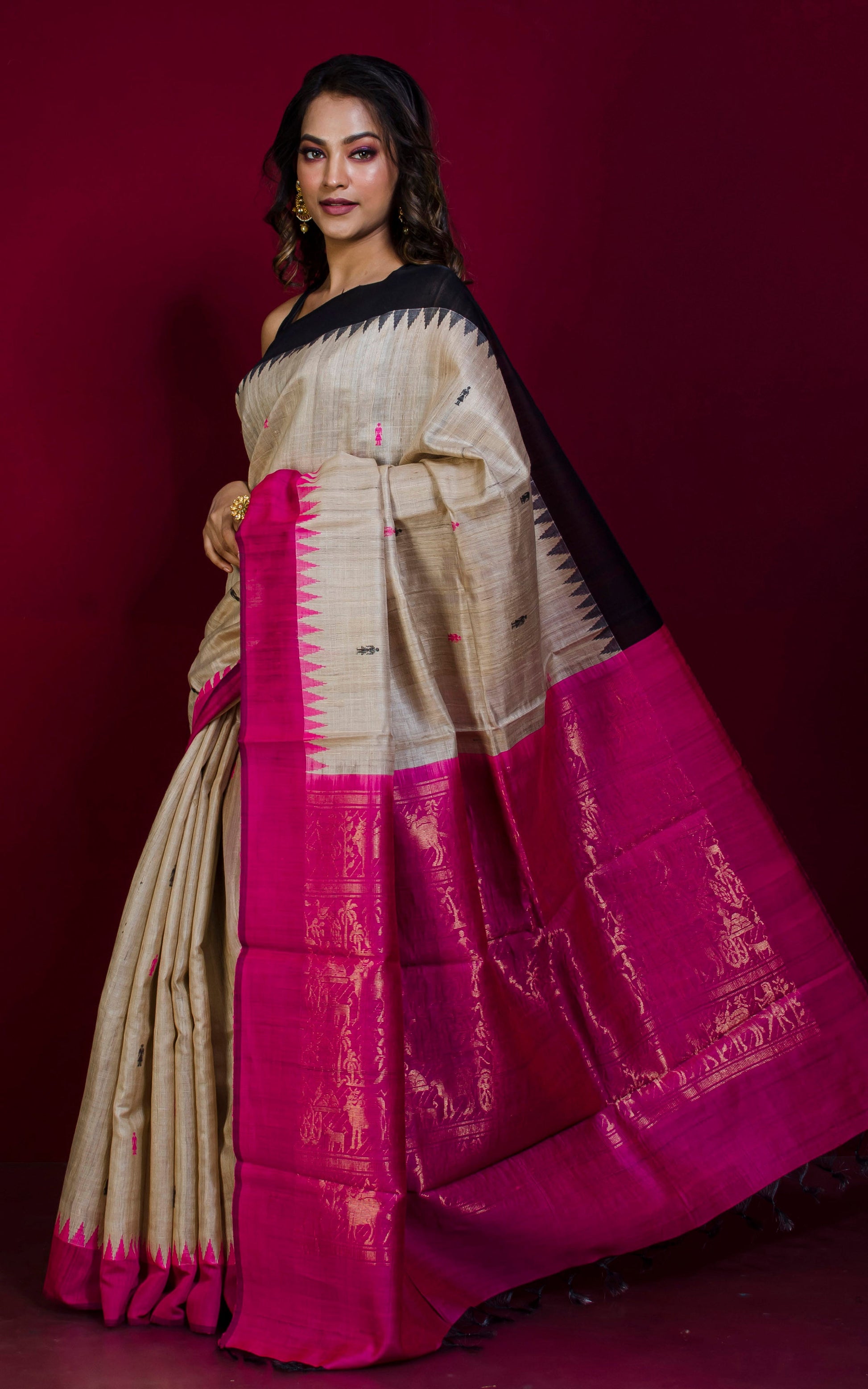 Handwoven Tribal Warli Folk Work Tussar Silk Saree in Beige, Black and Hot Pink