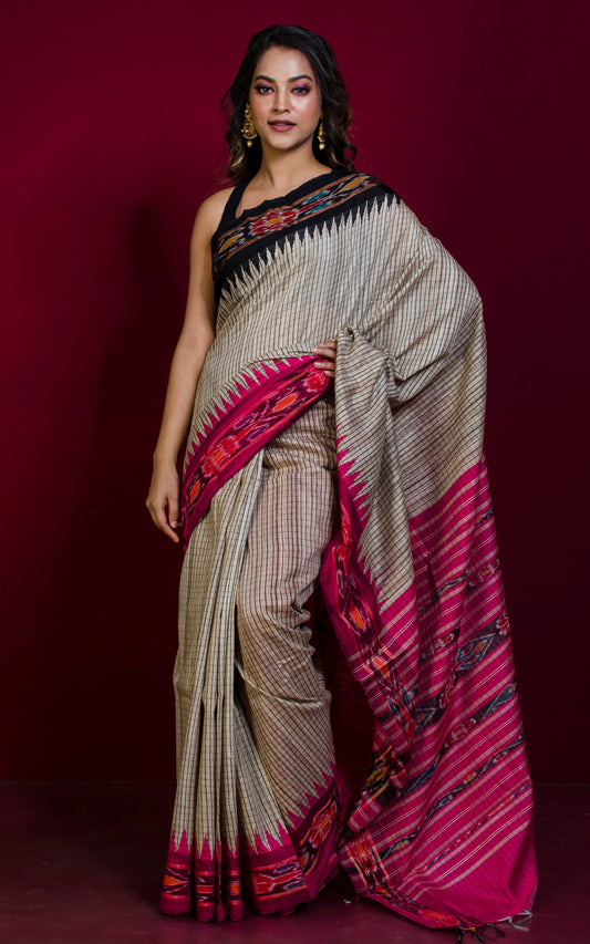 Woven Micro checks Tussar Sambalpuri Work Kotki Silk Saree in Beige, Black and Electric Pink