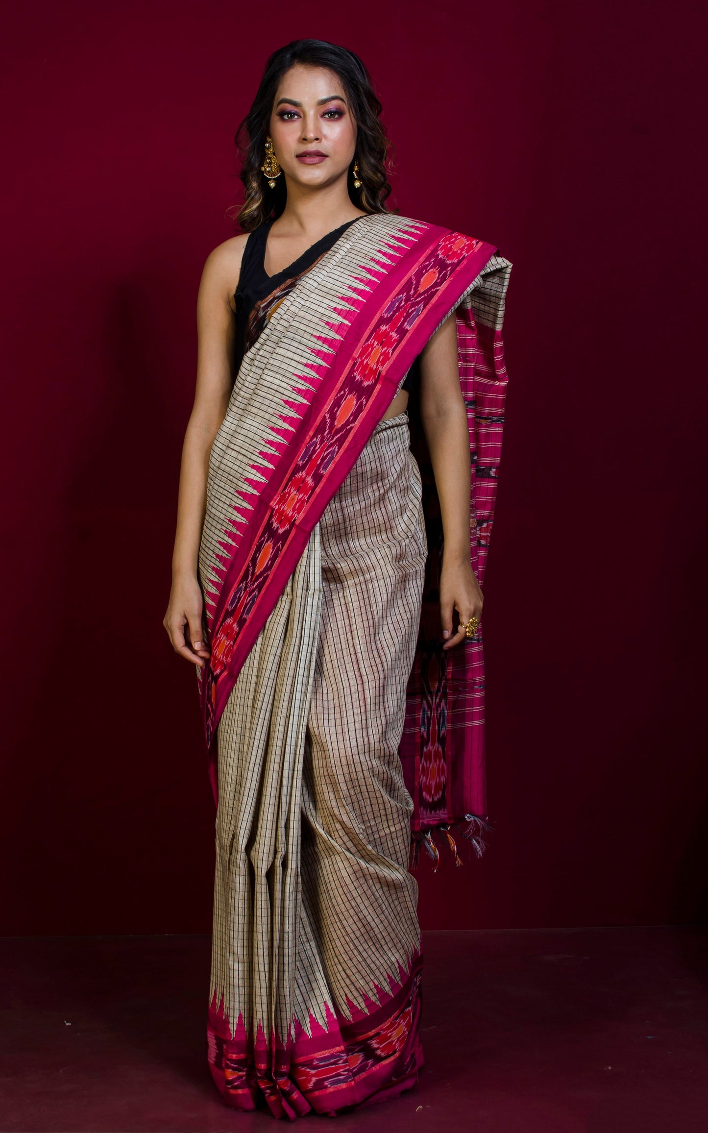 Woven Micro checks Tussar Sambalpuri Work Kotki Silk Saree in Beige, Black and Electric Pink