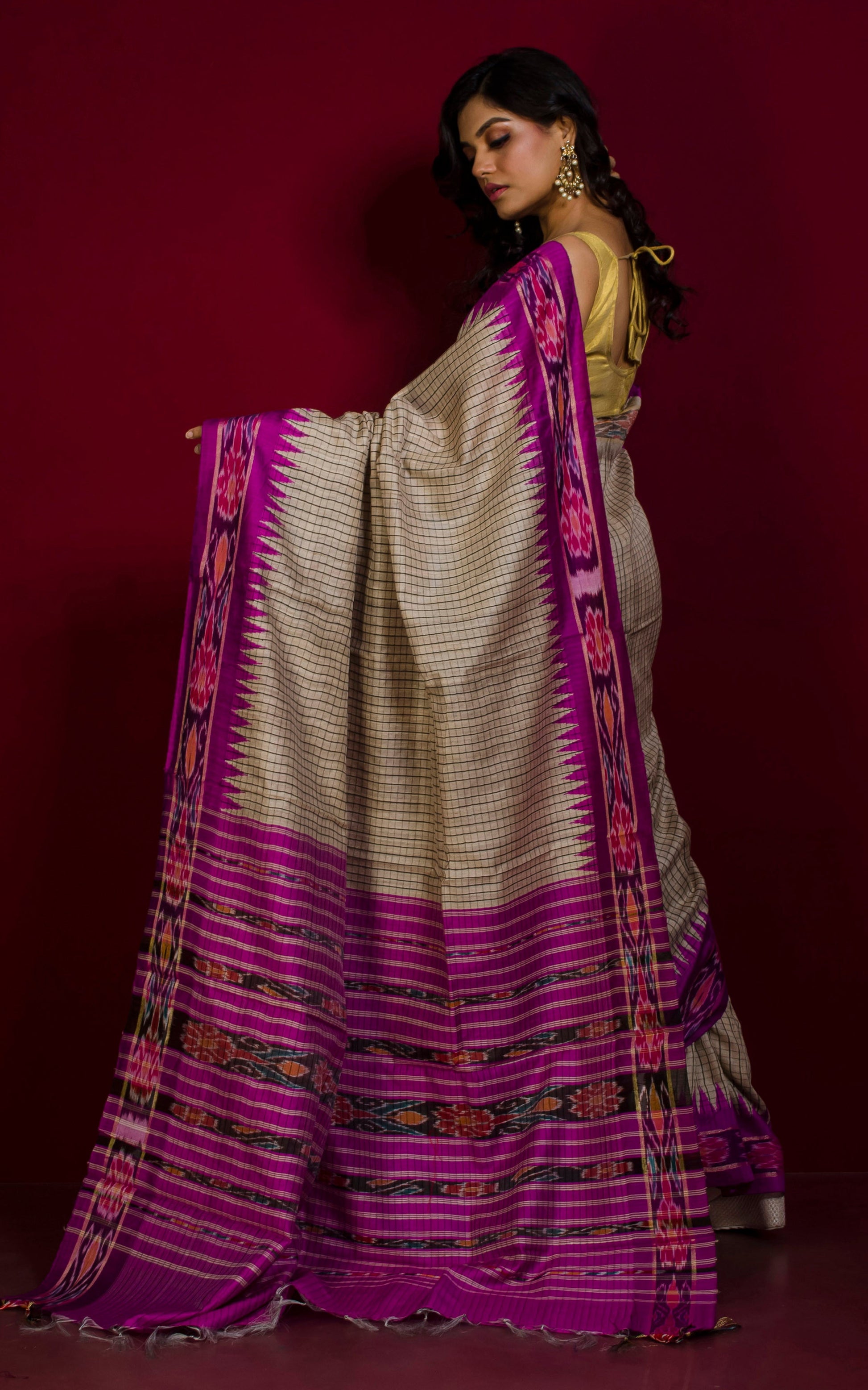 Woven Micro checks Tussar Sambalpuri Work Kotki Silk Saree in Beige, Black and Fandango Purple