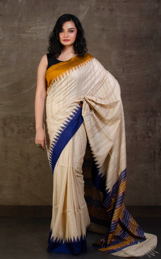 Handwoven Ganga Jamuna Border Tussar Silk Saree in Beige, Navy Blue and Mustard Yellow