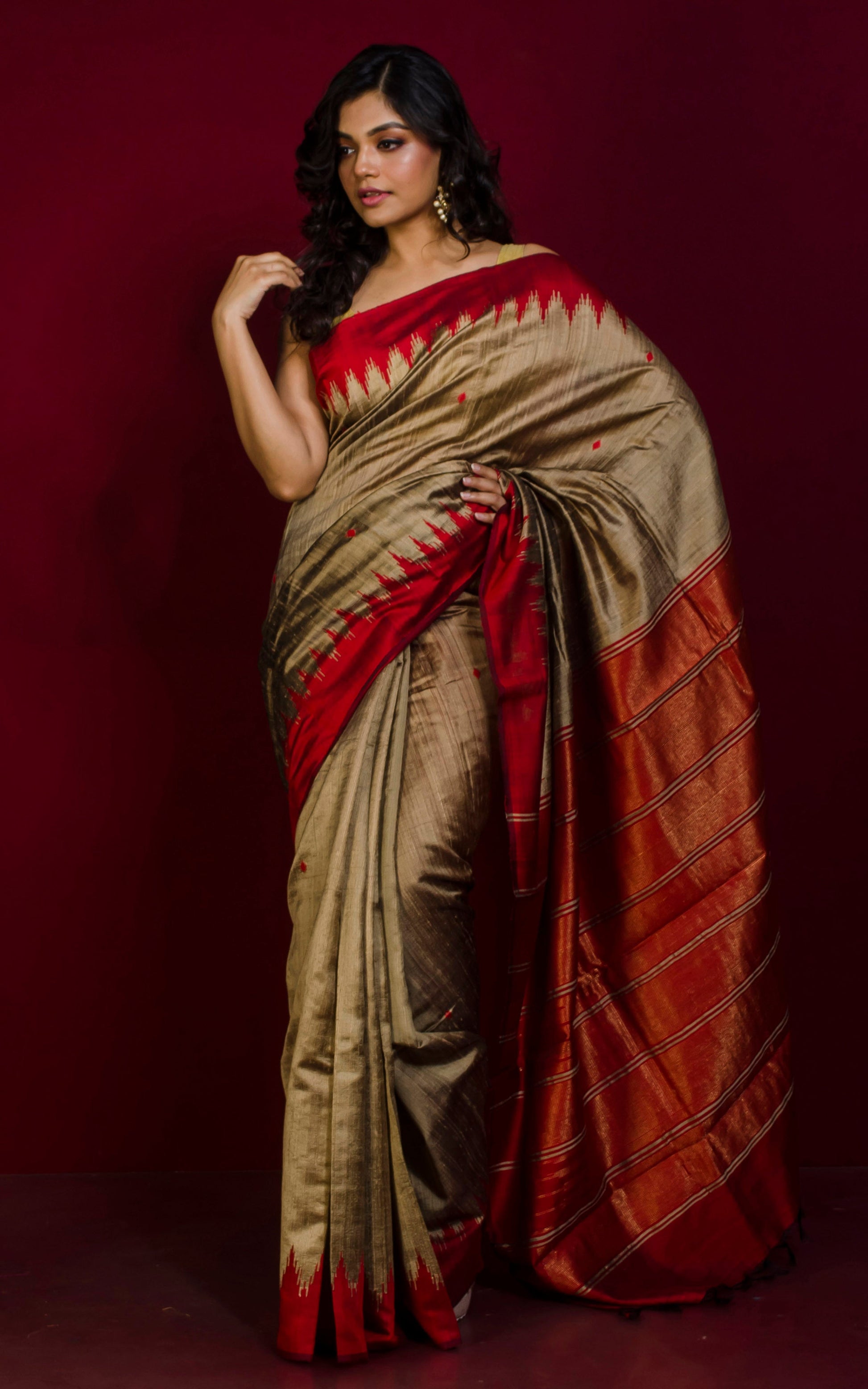 Handwoven Tussar Raw Silk Saree in Warm Tan and Dark Red with Rich Pallu