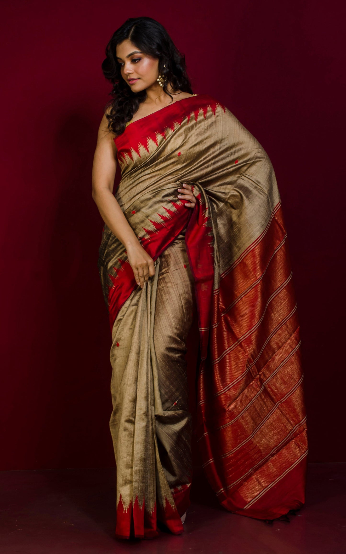 Handwoven Tussar Raw Silk Saree in Warm Tan and Dark Red with Rich Pallu