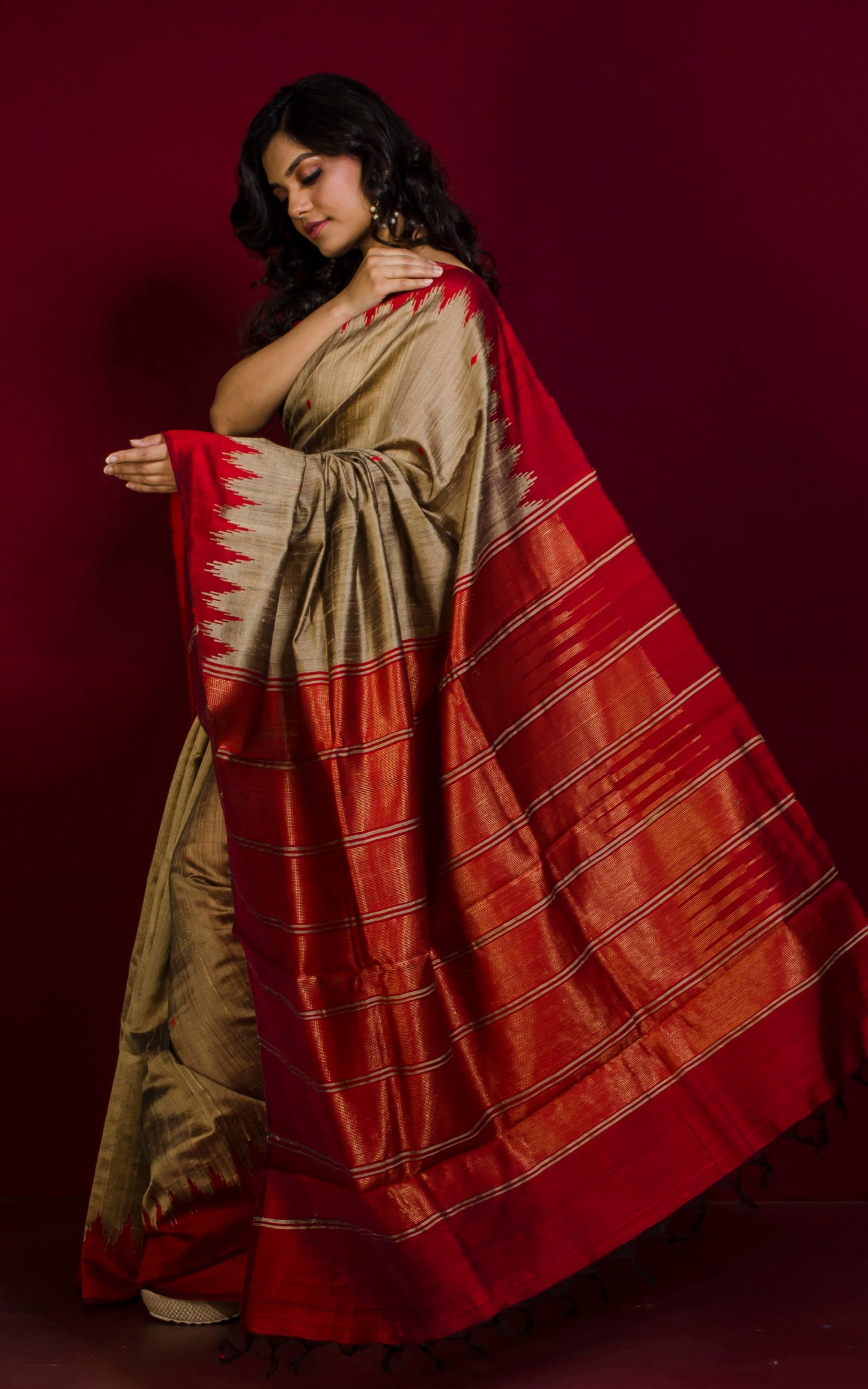 Handwoven Tussar Raw Silk Saree in Warm Tan and Dark Red with Rich Pallu