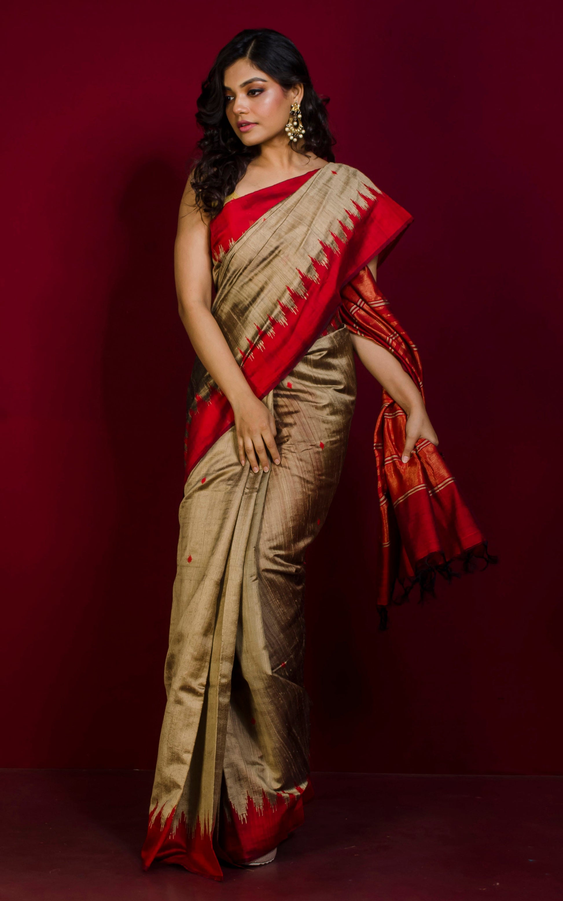 Handwoven Tussar Raw Silk Saree in Warm Tan and Dark Red with Rich Pallu