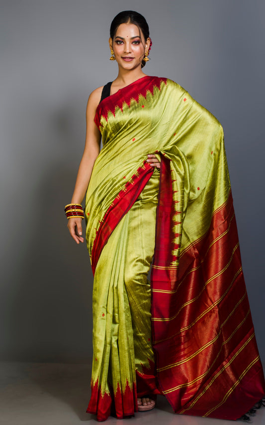 Handwoven Tussar Raw Silk Saree in Limeade and Cardinal Red with Rich Pallu