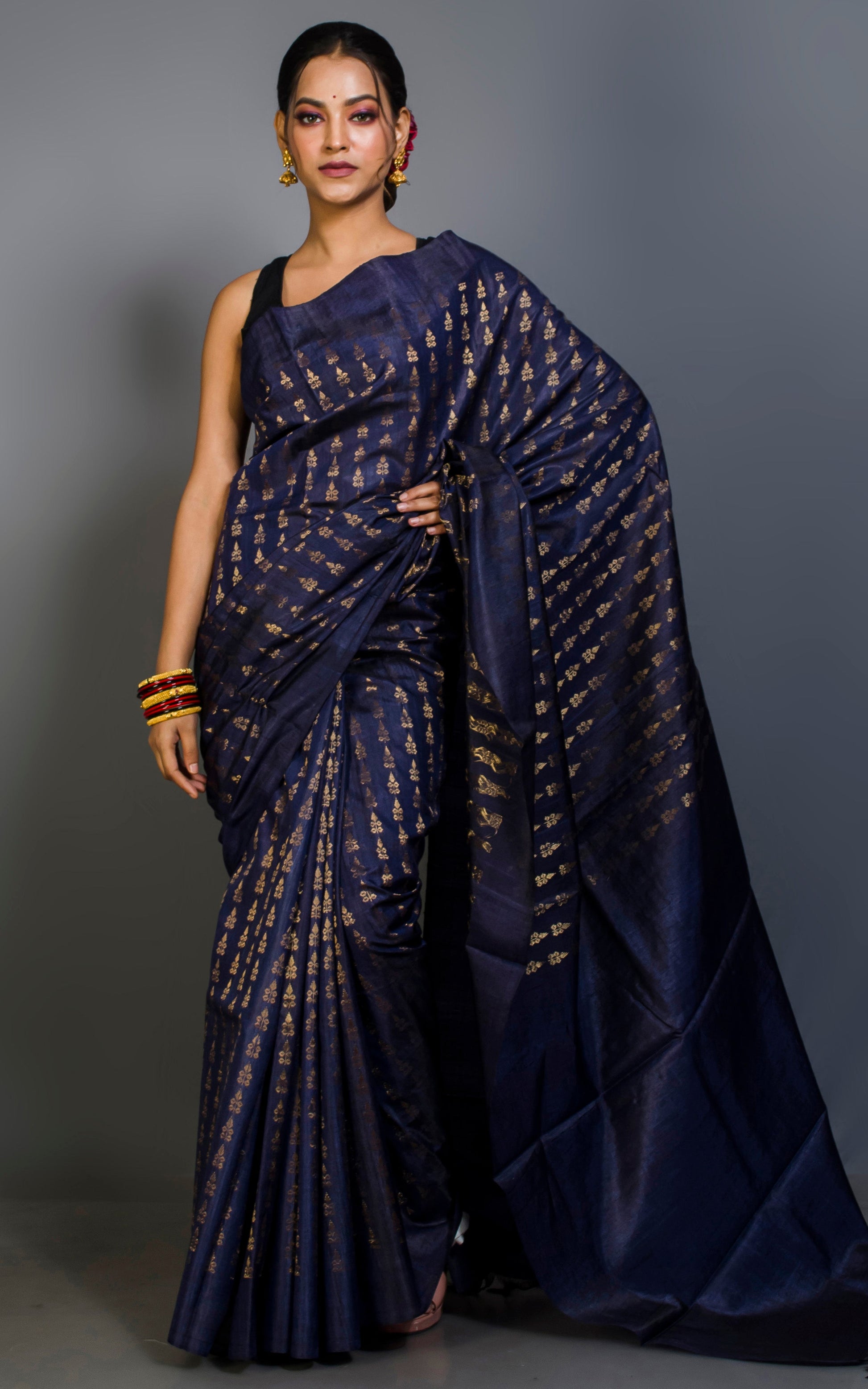 Handloom Jacquard Borderless Tussar Silk Saree in Oxford Blue and Muted Gold