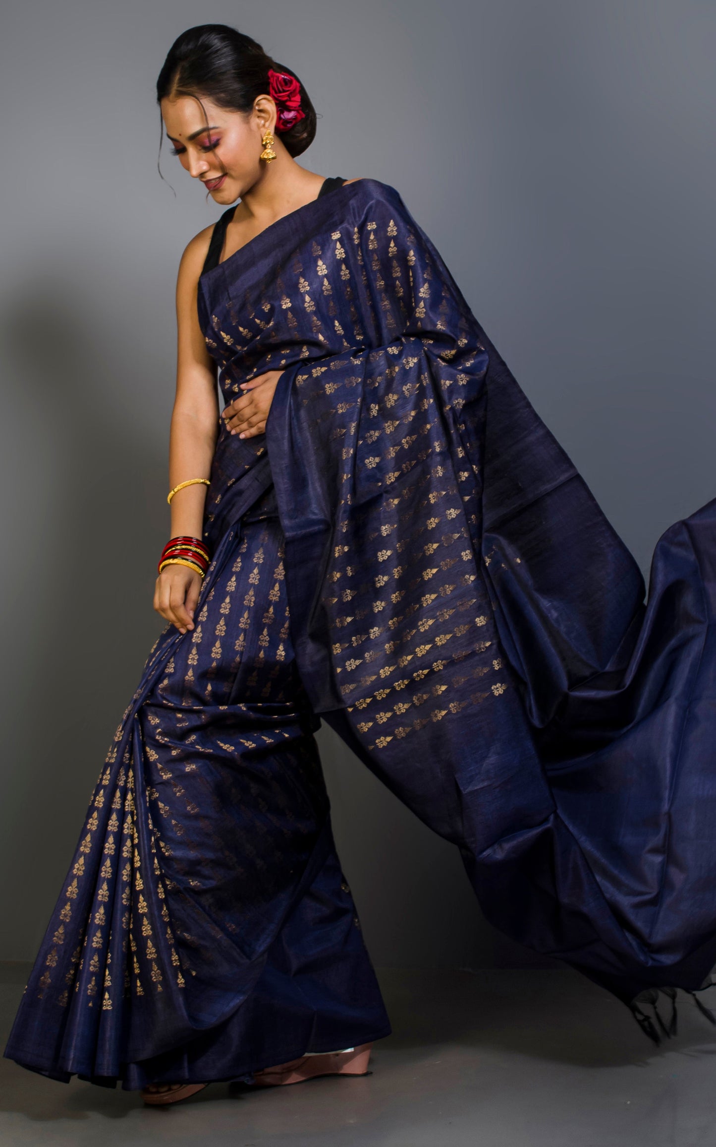 Handloom Jacquard Borderless Tussar Silk Saree in Oxford Blue and Muted Gold