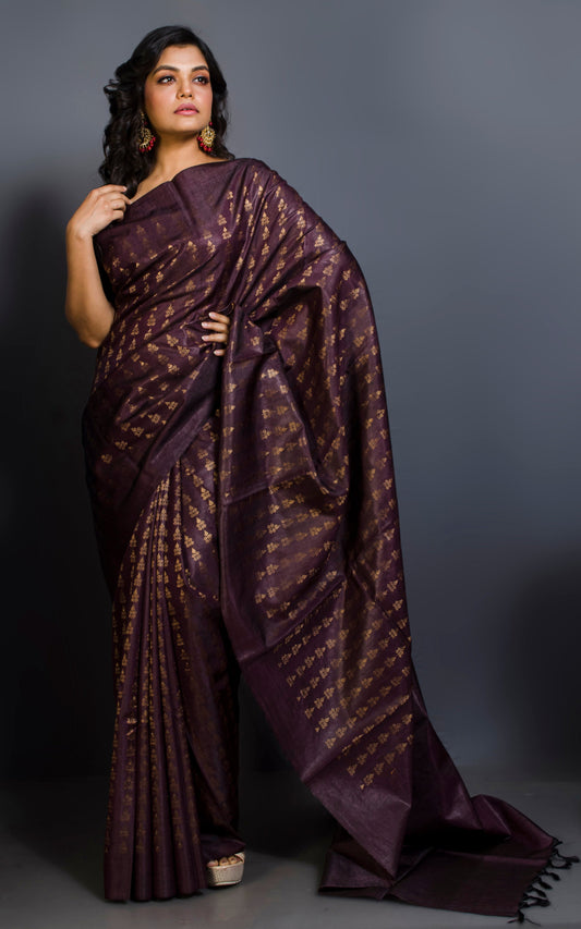 Handloom Jacquard Borderless Tussar Silk Saree in Dark Mulberry Purple and Muted Gold