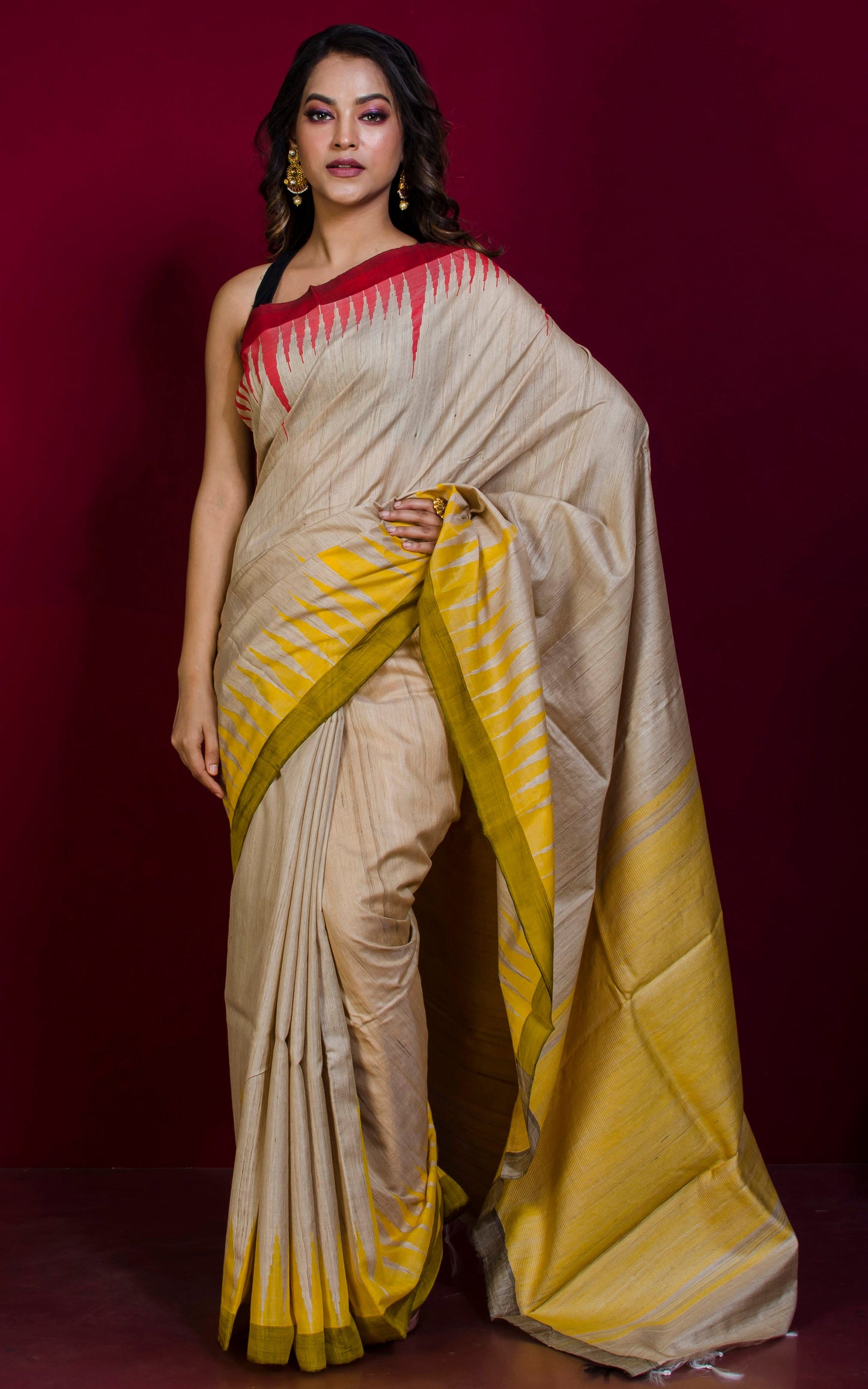 Handwoven Crowned Ganga Jamuna Temple Border Work Tussar Silk Saree in Beige, Red and Golden Yellow