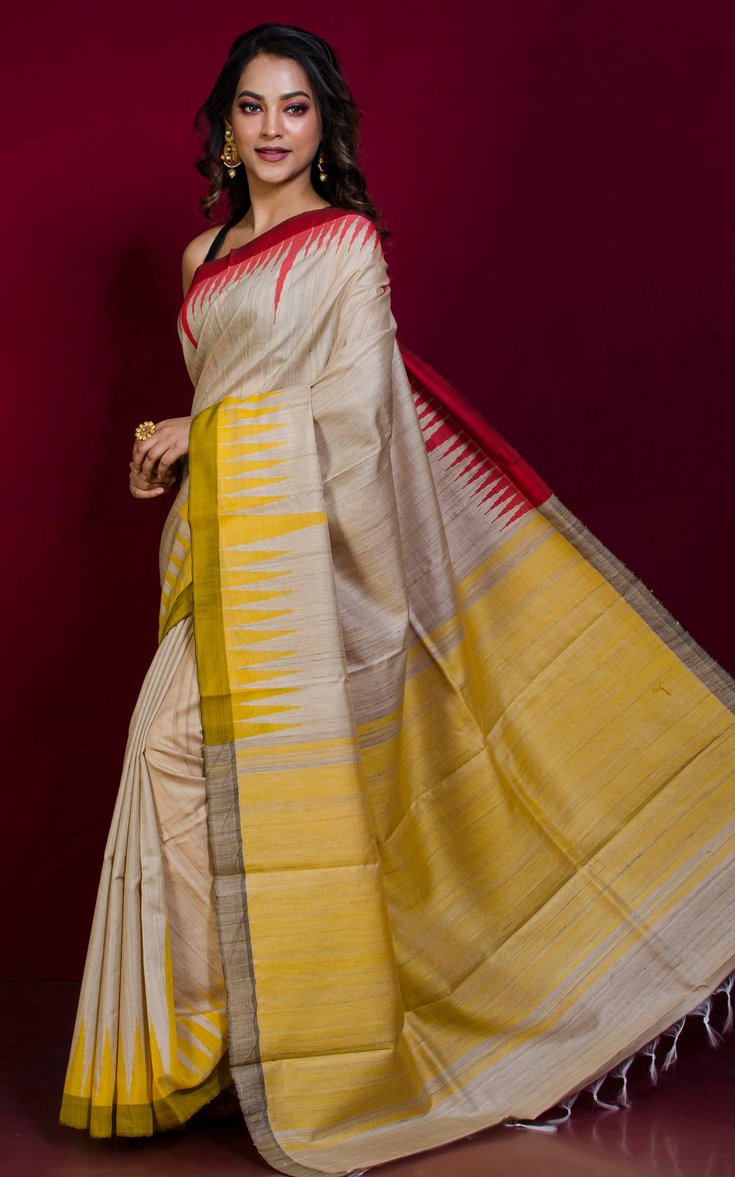 Handwoven Crowned Ganga Jamuna Temple Border Work Tussar Silk Saree in Beige, Red and Golden Yellow