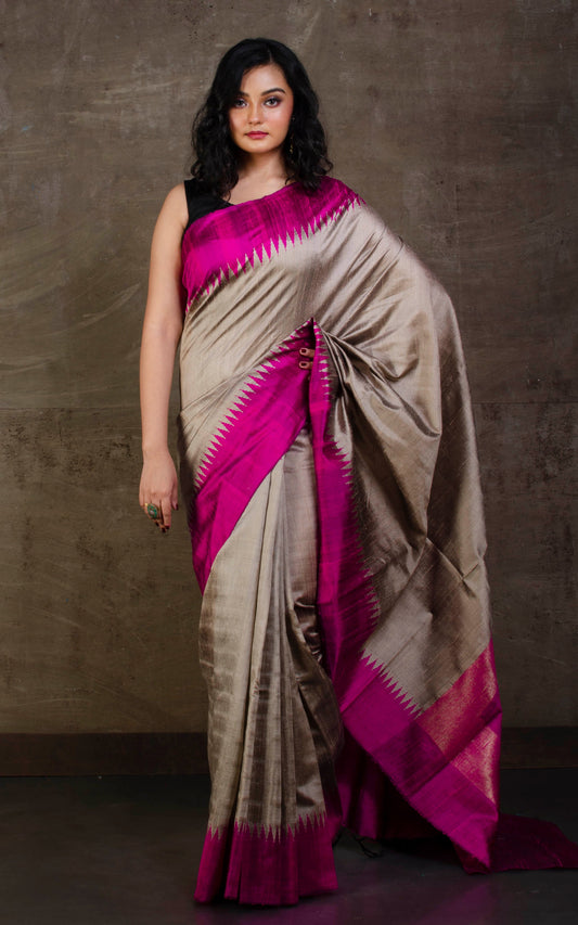 Handwoven Tussar Raw Silk Saree in Gilver and Magenta with Rich Pallu