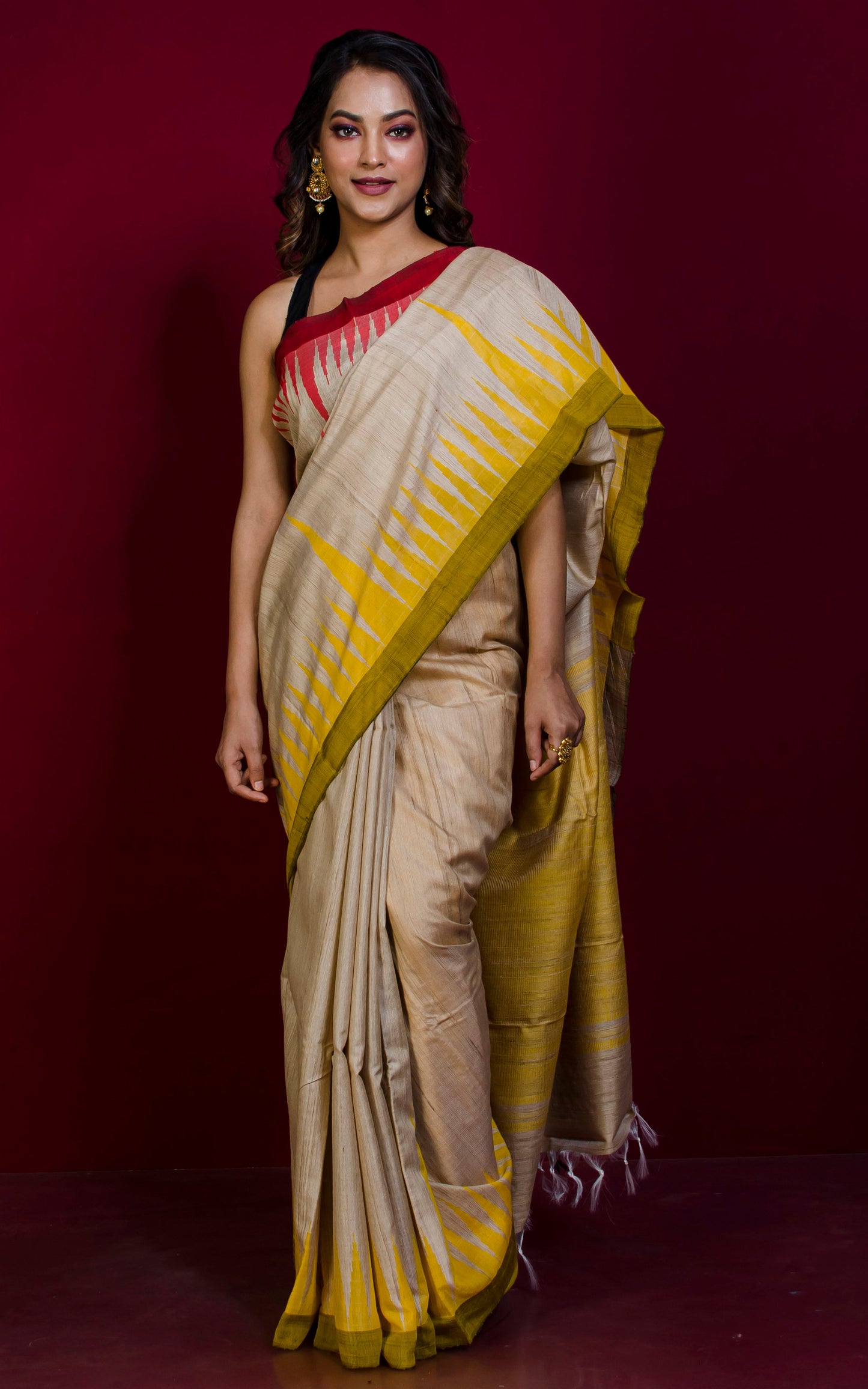 Handwoven Crowned Ganga Jamuna Temple Border Work Tussar Silk Saree in Beige, Red and Golden Yellow