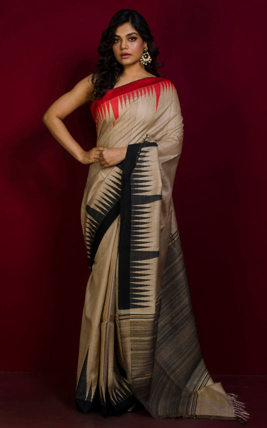 Handwoven Crowned Ganga Jamuna Temple Border Work Tussar Silk Saree in Beige, Red and Black