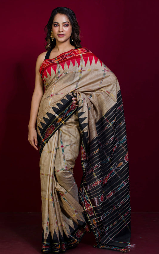 Handwoven Tussar Pochampally Checks Silk Saree in Beige, Red and Black