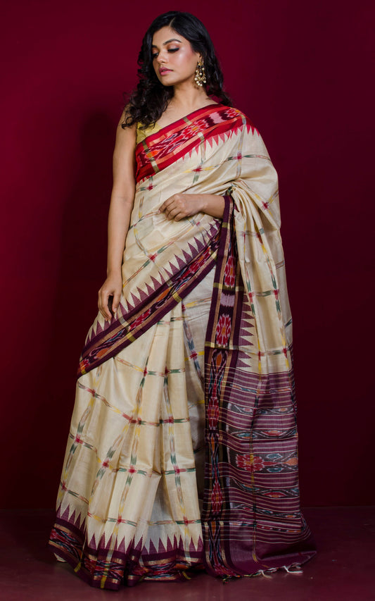 Handwoven Tussar Pochampally Checks Silk Saree in Beige, Red and Garnet